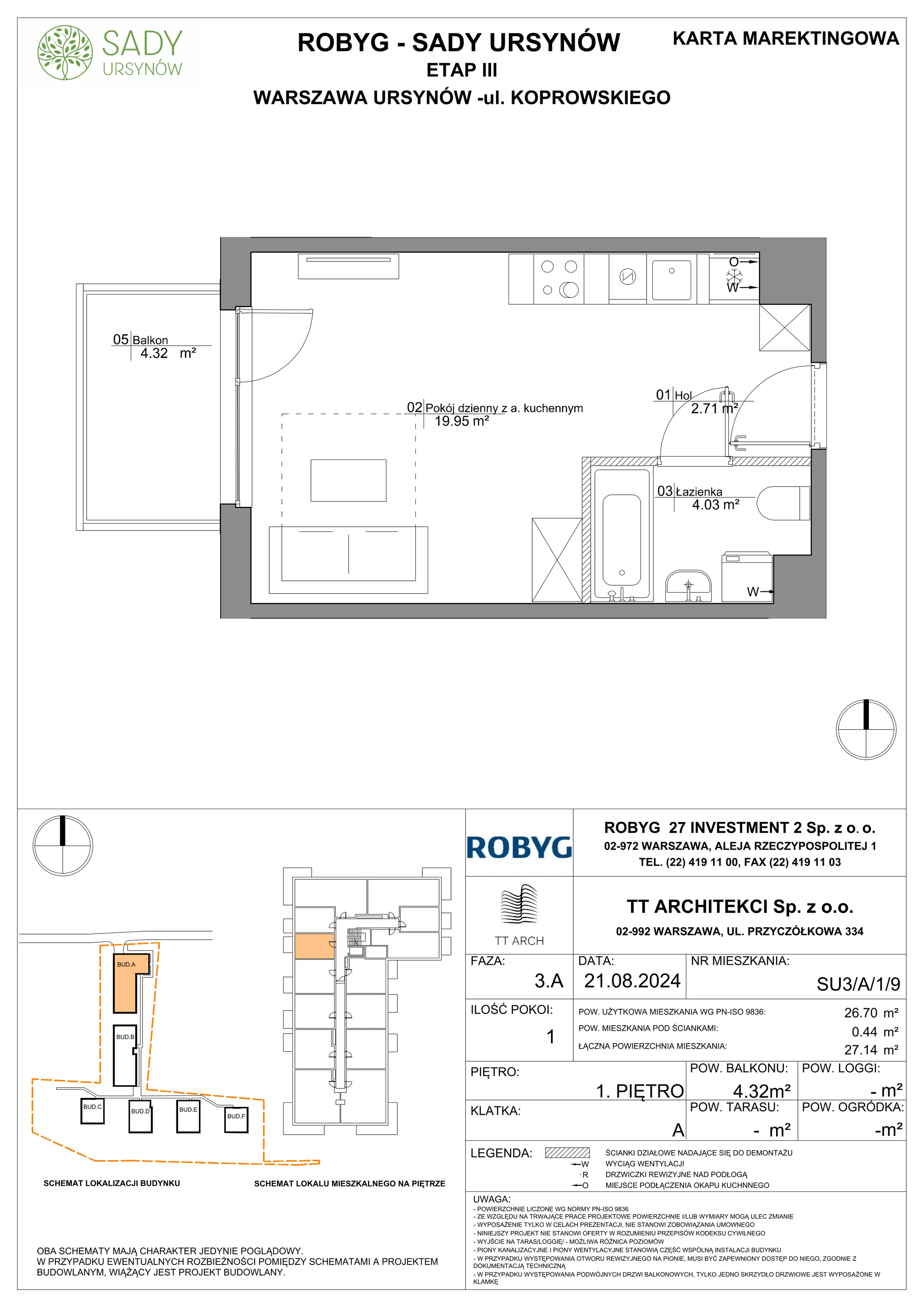 Mieszkanie 26,70 m², piętro 1, oferta nr SU3/A/1/9, Sady Ursynów, Warszawa, Ursynów, Wyczółki, ul. Koprowskiego