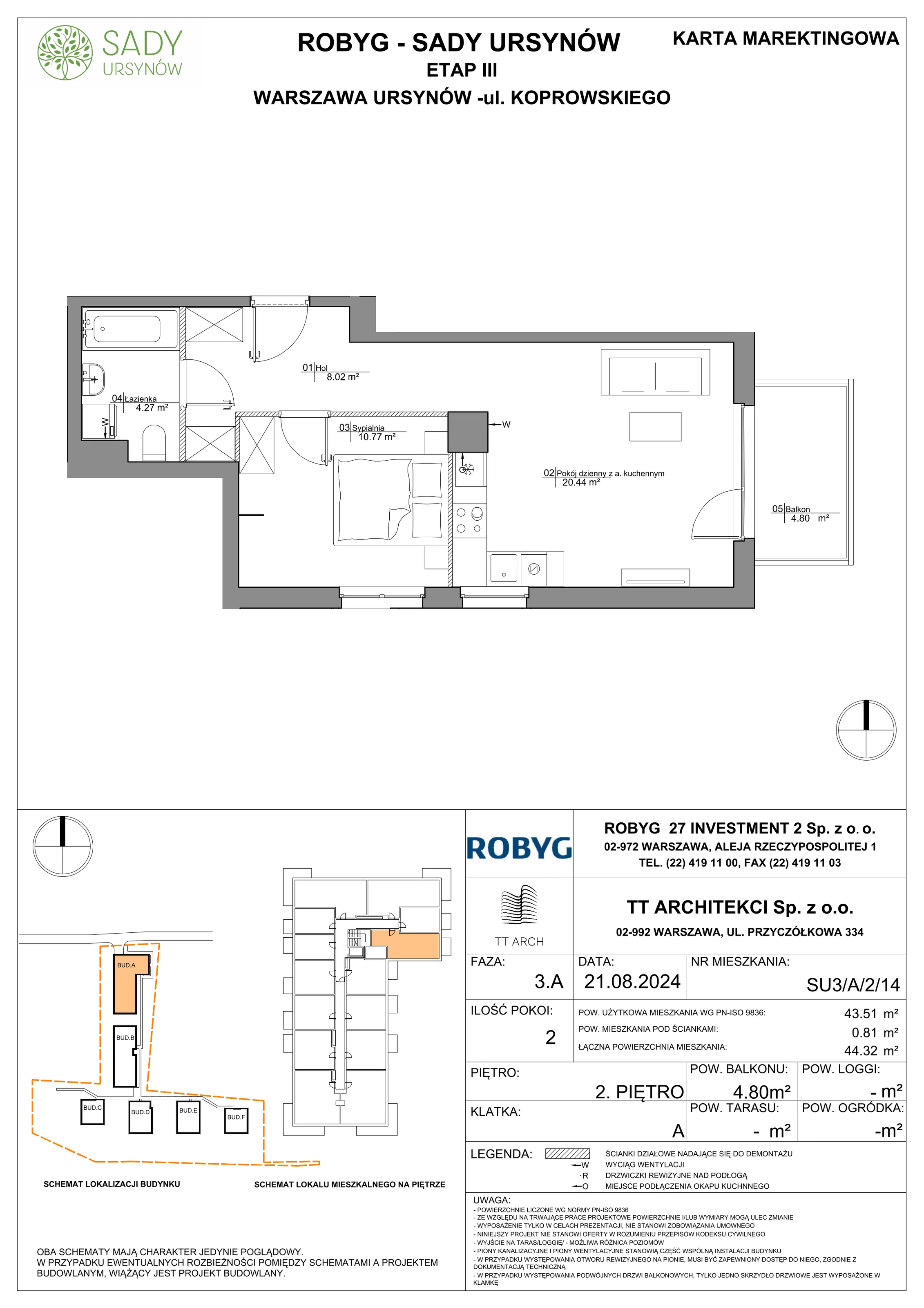 Mieszkanie 43,51 m², piętro 2, oferta nr SU3/A/2/14, Sady Ursynów, Warszawa, Ursynów, Wyczółki, ul. Koprowskiego