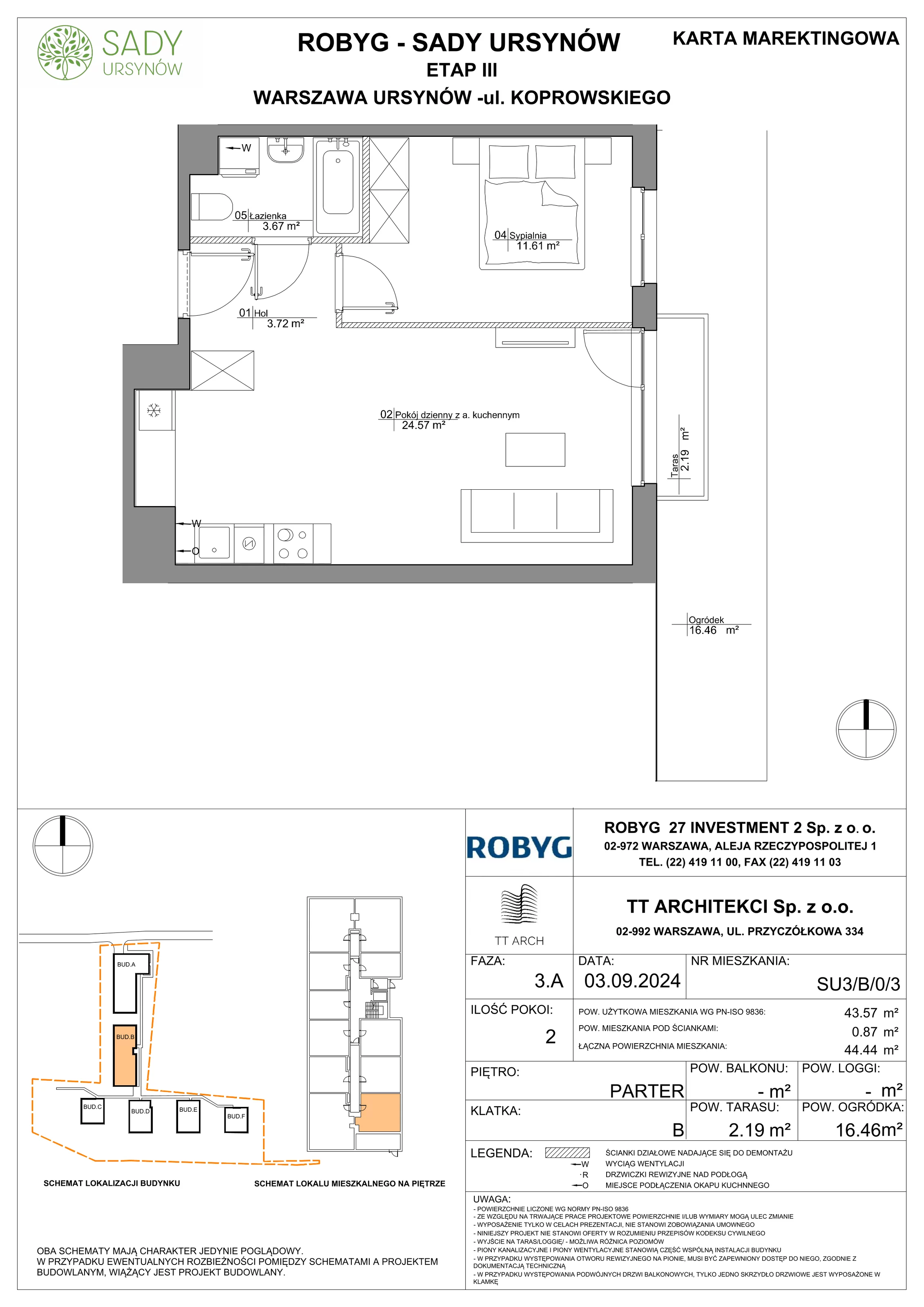 Mieszkanie 43,57 m², parter, oferta nr SU3/B/0/3, Sady Ursynów, Warszawa, Ursynów, Wyczółki, ul. Koprowskiego