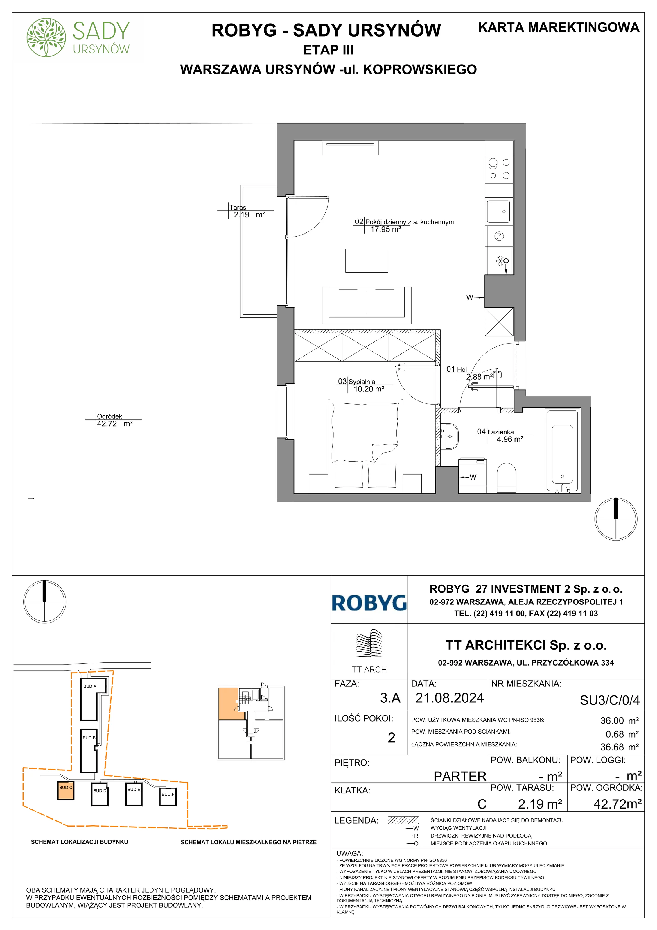 Mieszkanie 36,00 m², parter, oferta nr SU3/C/0/4, Sady Ursynów, Warszawa, Ursynów, Wyczółki, ul. Koprowskiego