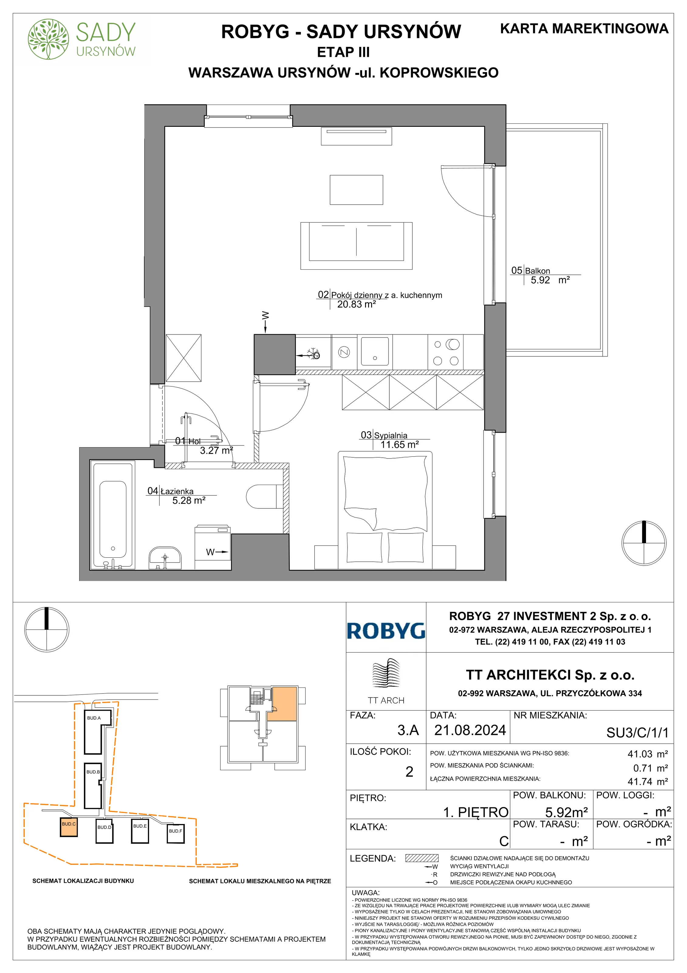 Mieszkanie 41,03 m², piętro 1, oferta nr SU3/C/1/1, Sady Ursynów, Warszawa, Ursynów, Wyczółki, ul. Koprowskiego