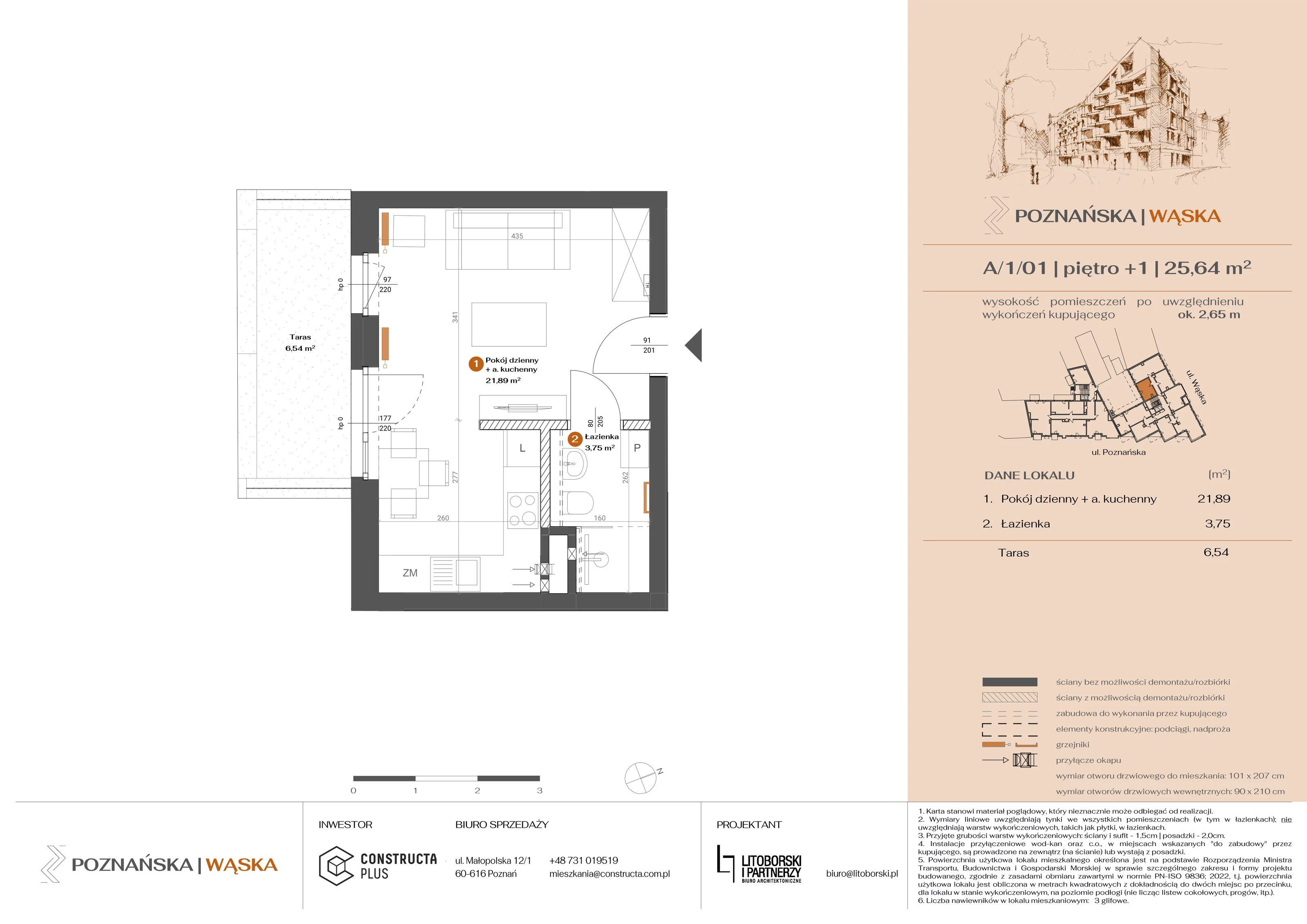 1 pokój, mieszkanie 25,64 m², piętro 1, oferta nr A-1-01, Poznańska / Wąska, Poznań, Jeżyce, ul. Poznańska