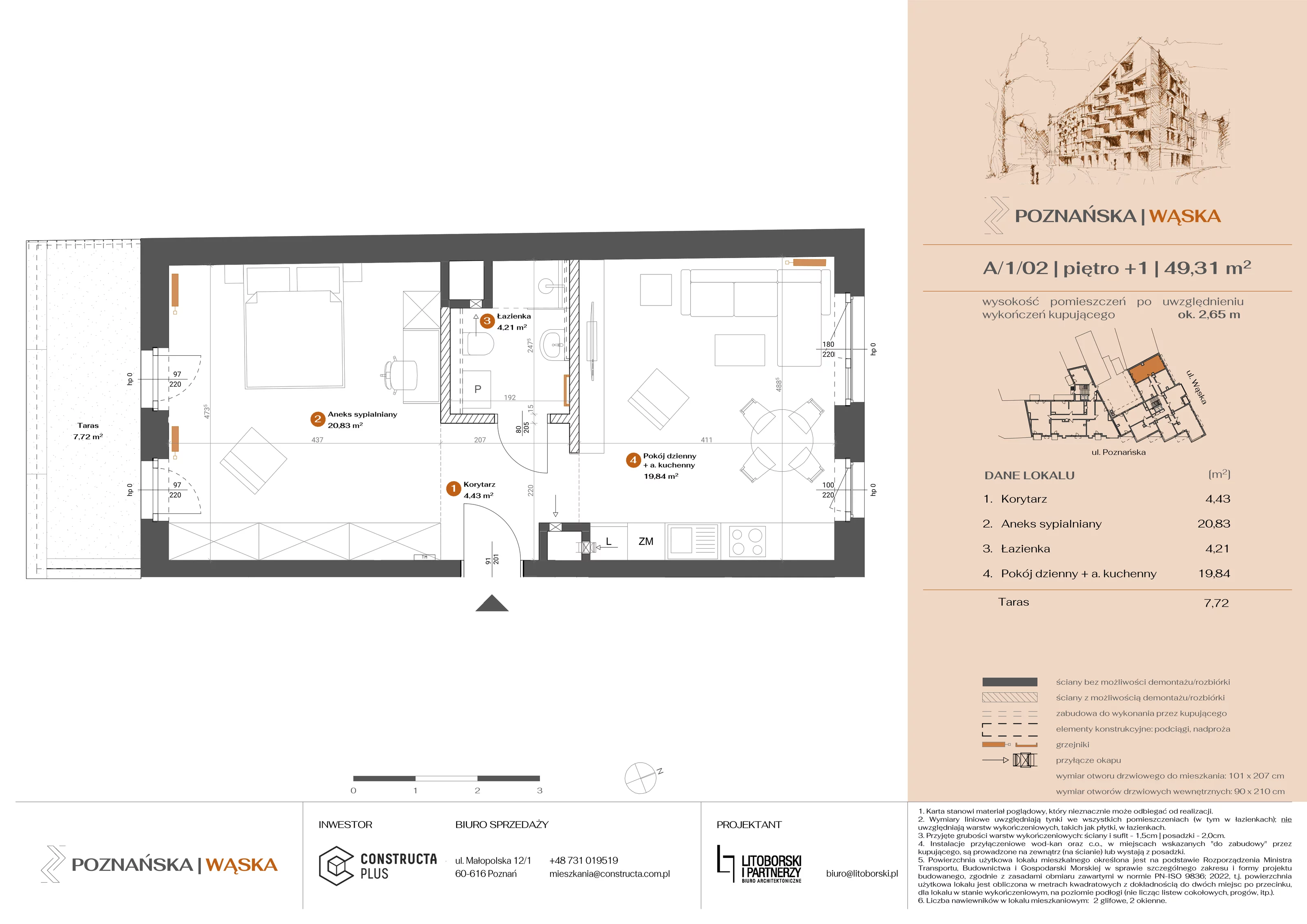 2 pokoje, mieszkanie 49,31 m², piętro 1, oferta nr A-1-02, Poznańska / Wąska, Poznań, Jeżyce, ul. Poznańska