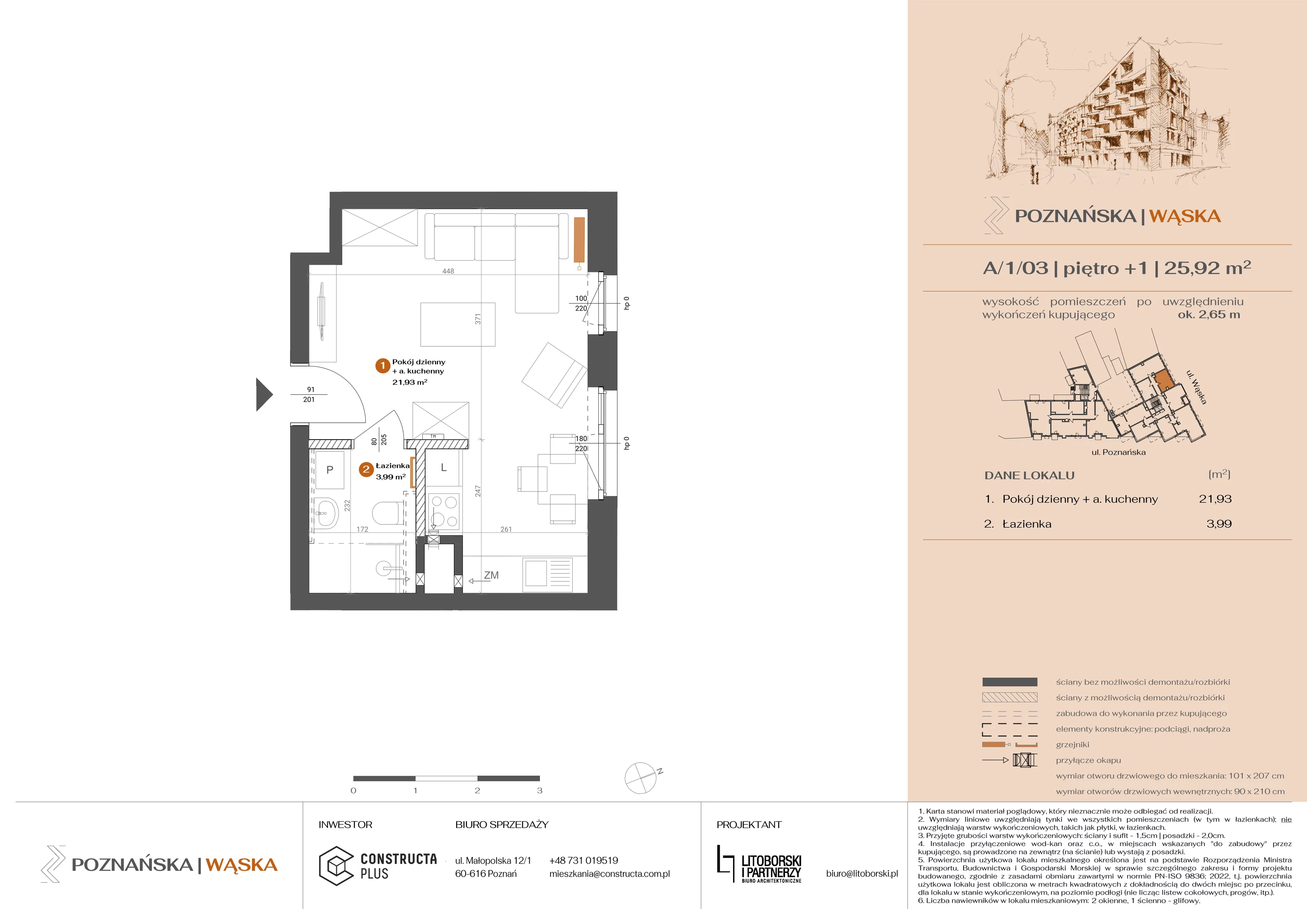 1 pokój, mieszkanie 25,92 m², piętro 1, oferta nr A-1-03, Poznańska / Wąska, Poznań, Jeżyce, ul. Poznańska