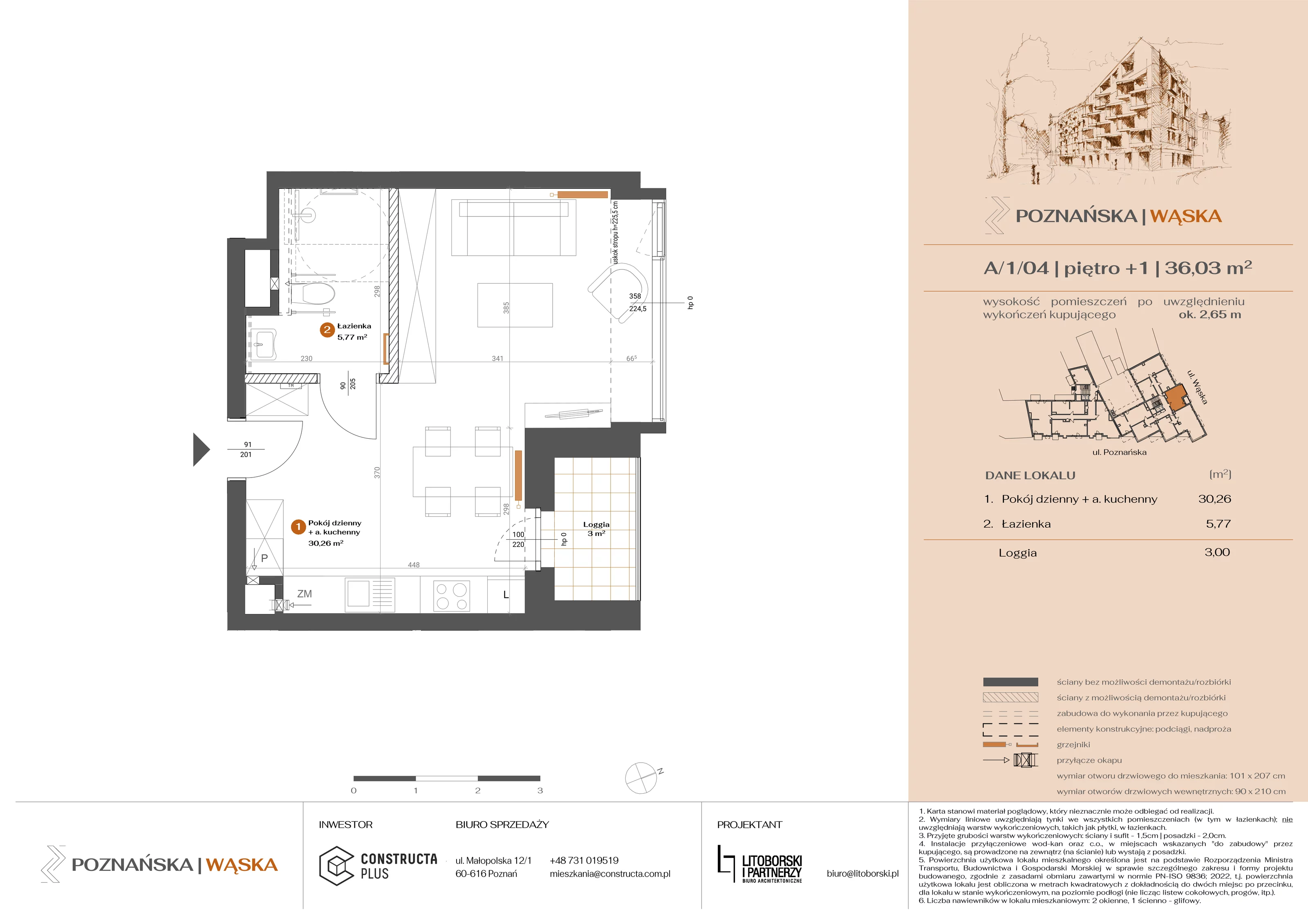 1 pokój, mieszkanie 36,07 m², piętro 1, oferta nr A-1-04, Poznańska / Wąska, Poznań, Jeżyce, ul. Poznańska