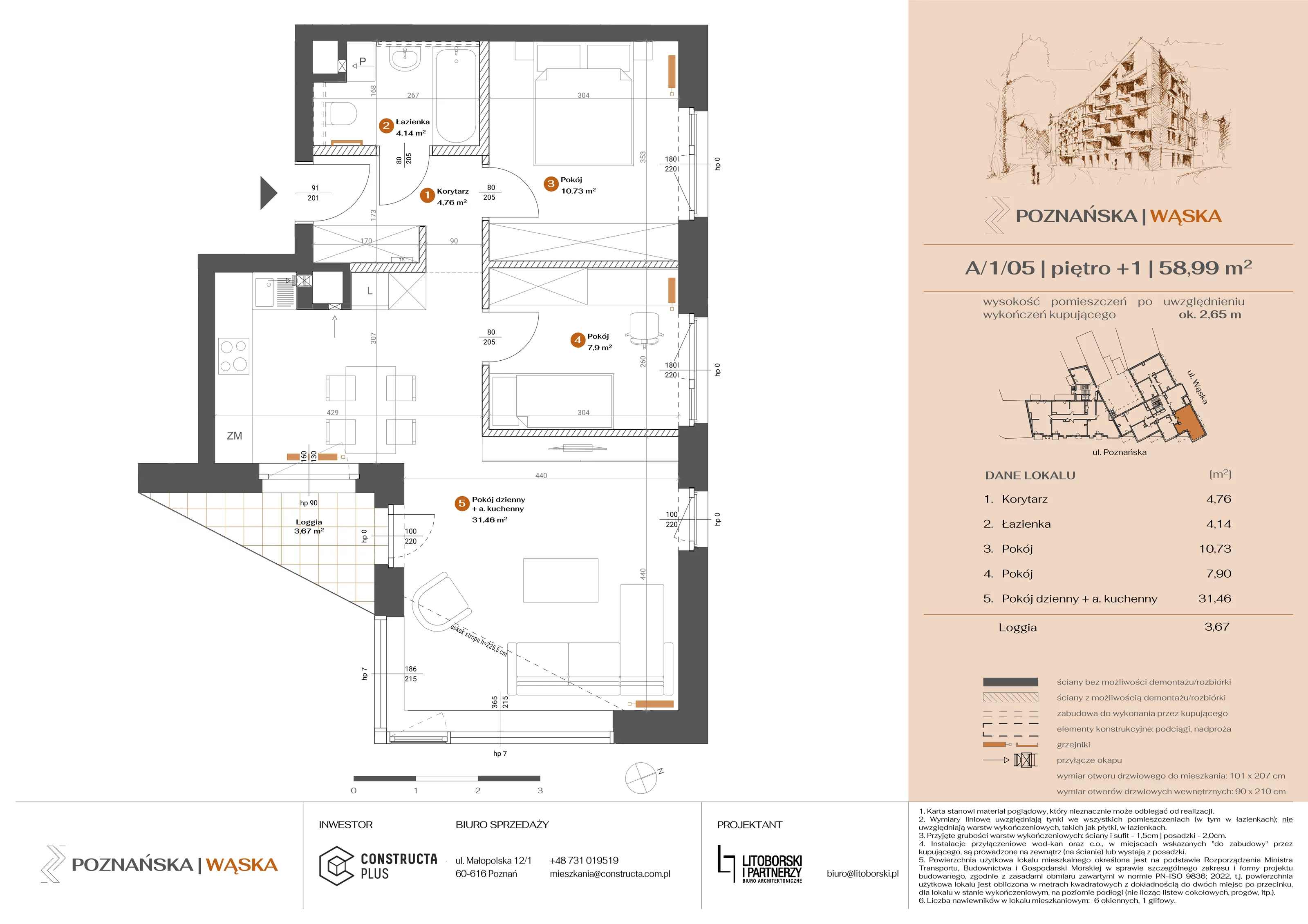 3 pokoje, mieszkanie 58,99 m², piętro 1, oferta nr A-1-05, Poznańska / Wąska, Poznań, Jeżyce, ul. Poznańska