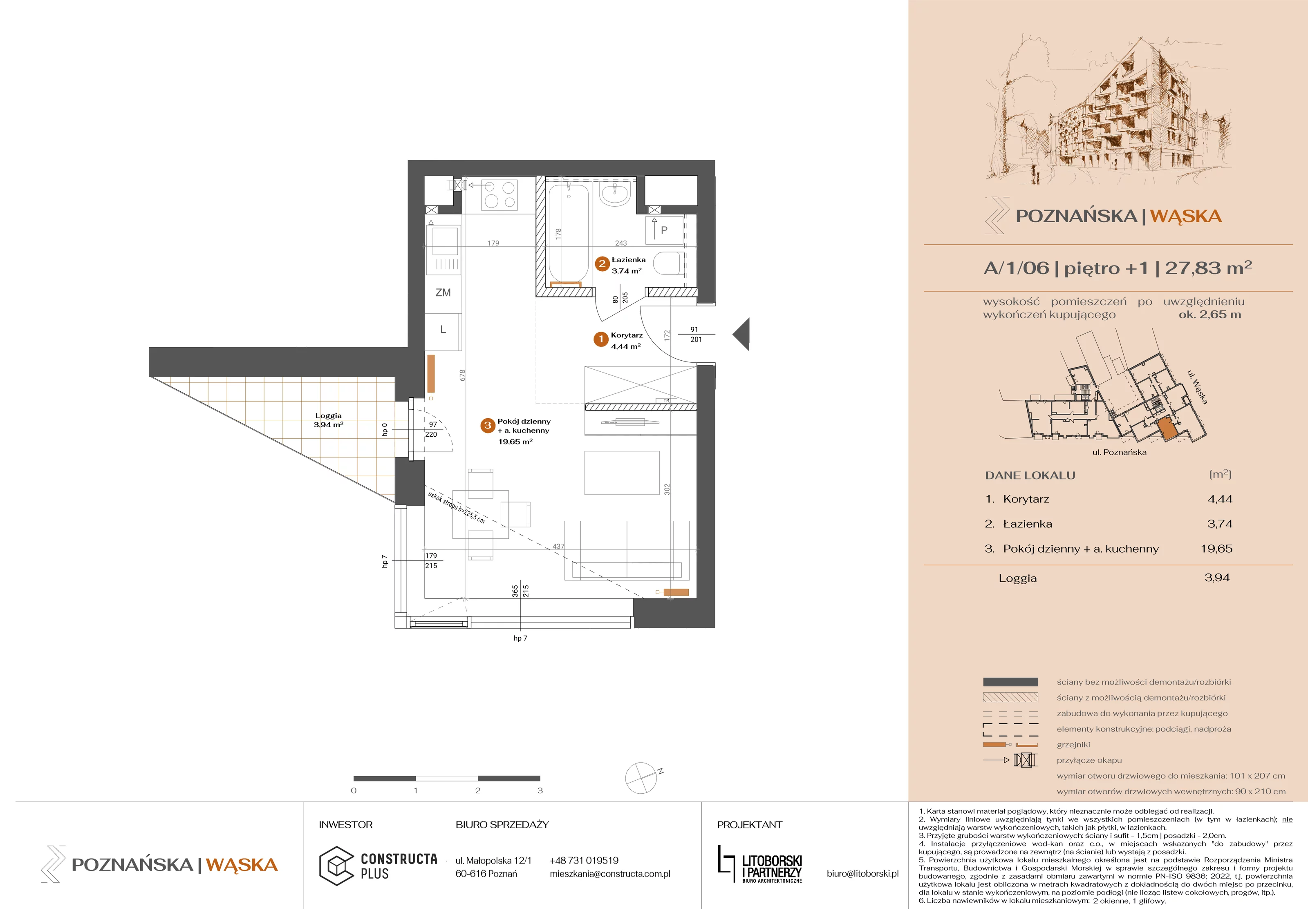 1 pokój, mieszkanie 27,83 m², piętro 1, oferta nr A-1-06, Poznańska / Wąska, Poznań, Jeżyce, ul. Poznańska