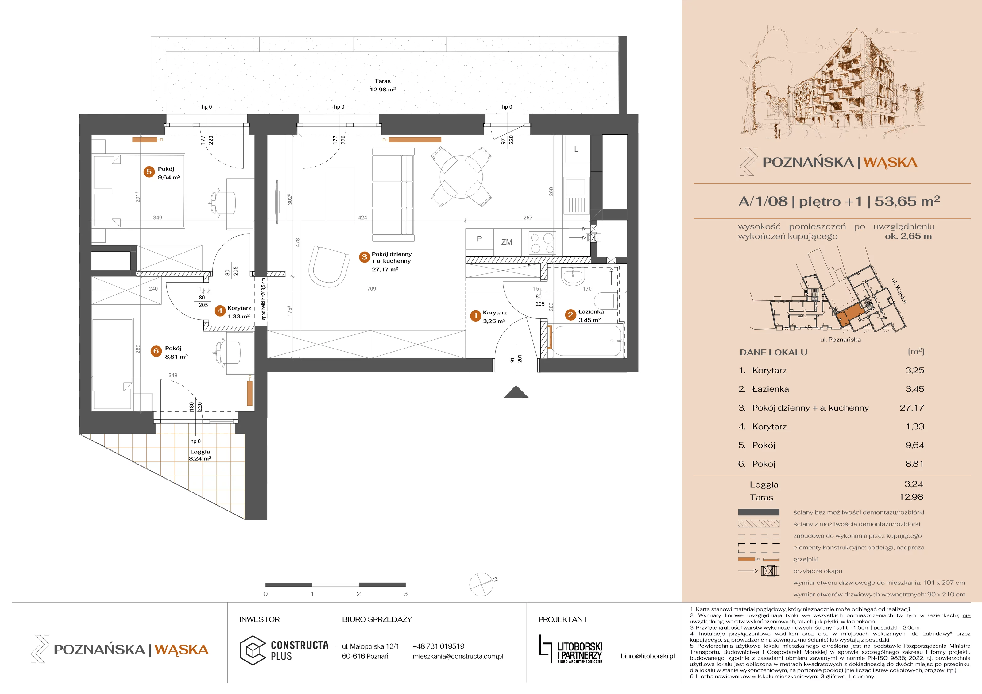 3 pokoje, mieszkanie 53,65 m², piętro 1, oferta nr A-1-08, Poznańska / Wąska, Poznań, Jeżyce, ul. Poznańska