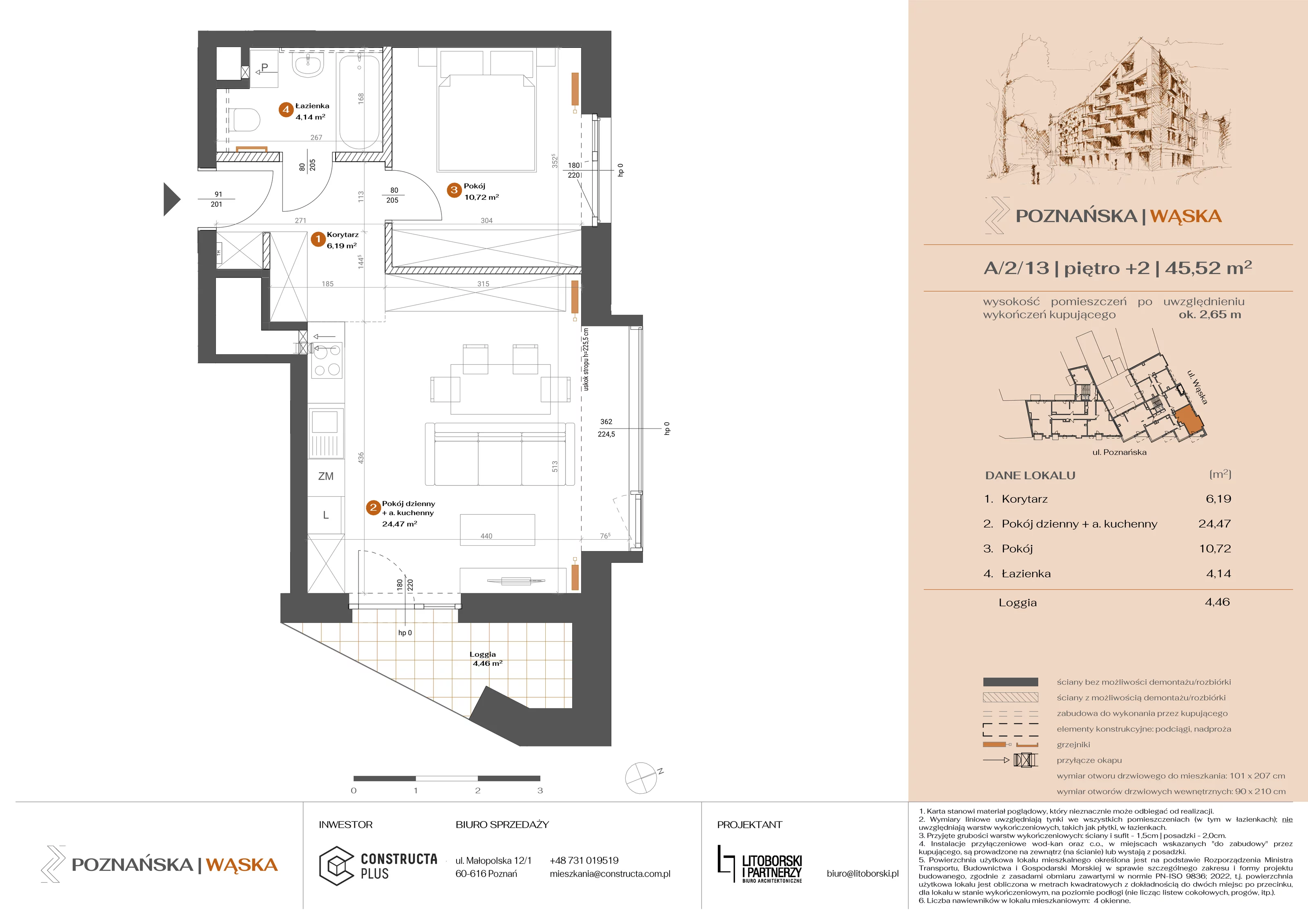 2 pokoje, mieszkanie 45,46 m², piętro 2, oferta nr A-2-13, Poznańska / Wąska, Poznań, Jeżyce, ul. Poznańska