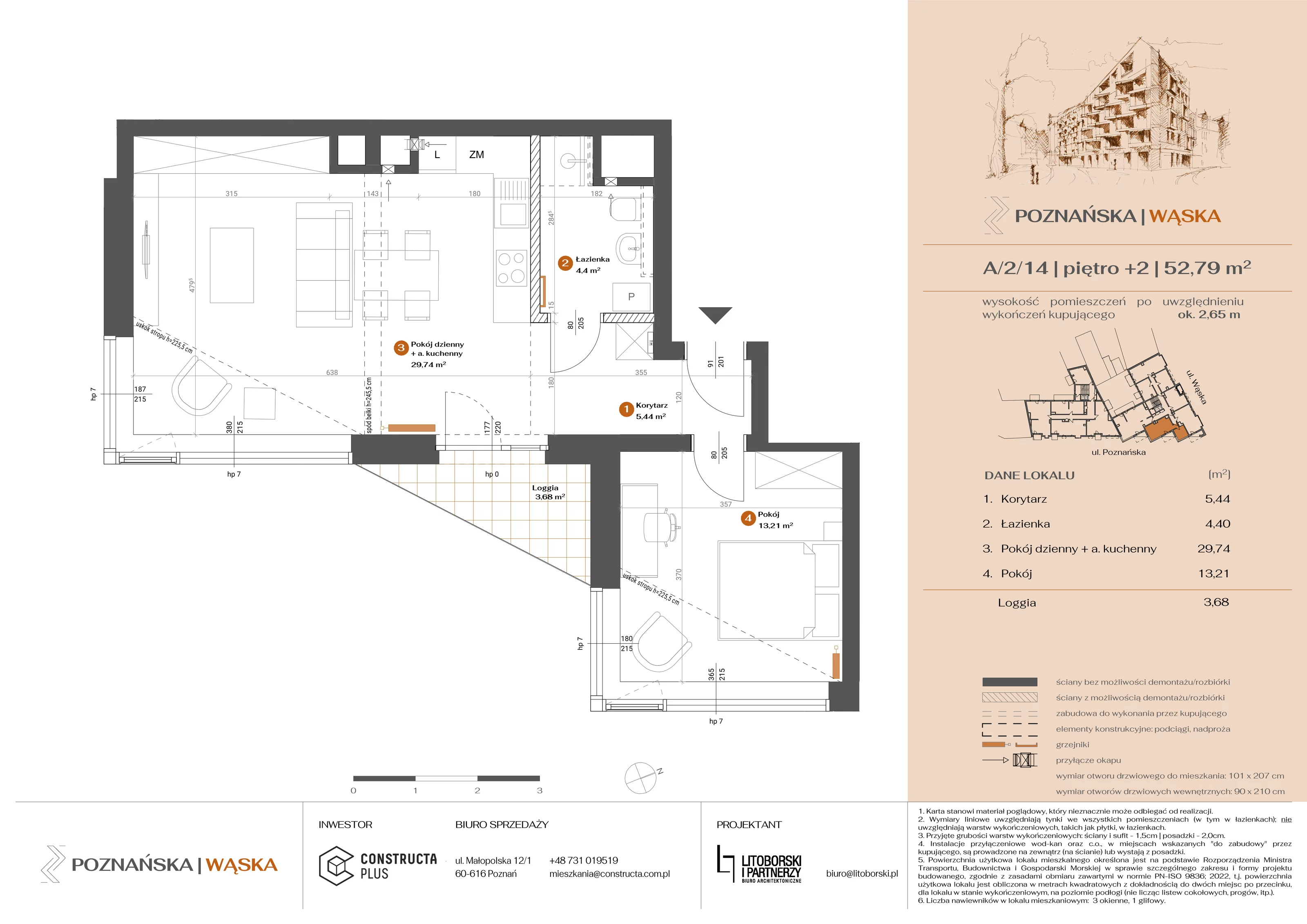2 pokoje, mieszkanie 52,79 m², piętro 2, oferta nr A-2-14, Poznańska / Wąska, Poznań, Jeżyce, ul. Poznańska