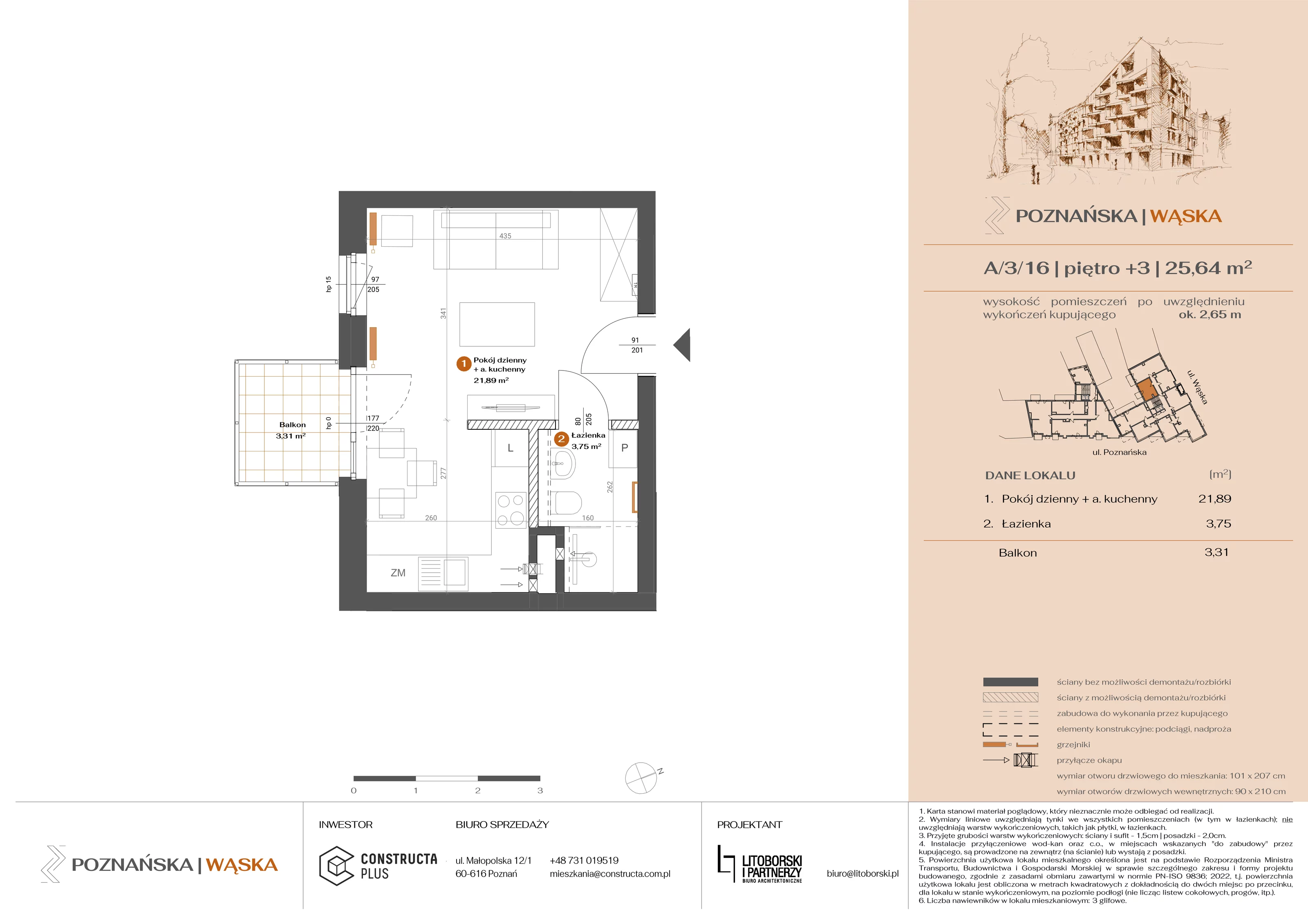 1 pokój, mieszkanie 25,64 m², piętro 3, oferta nr A-3-16, Poznańska / Wąska, Poznań, Jeżyce, ul. Poznańska