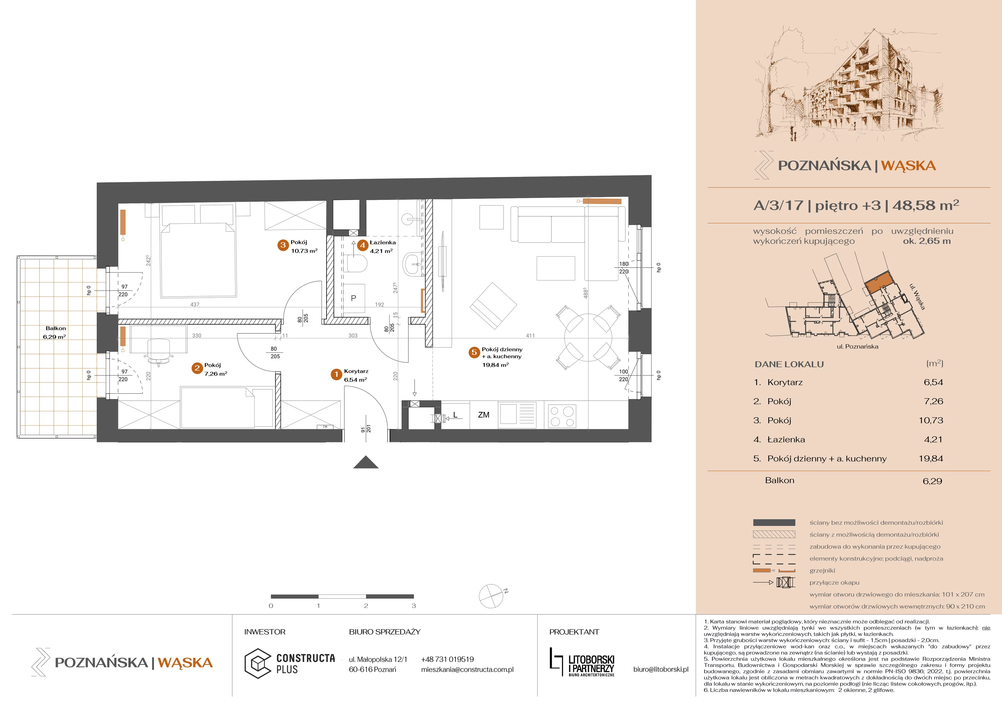 3 pokoje, mieszkanie 48,58 m², piętro 3, oferta nr A-3-17, Poznańska / Wąska, Poznań, Jeżyce, ul. Poznańska