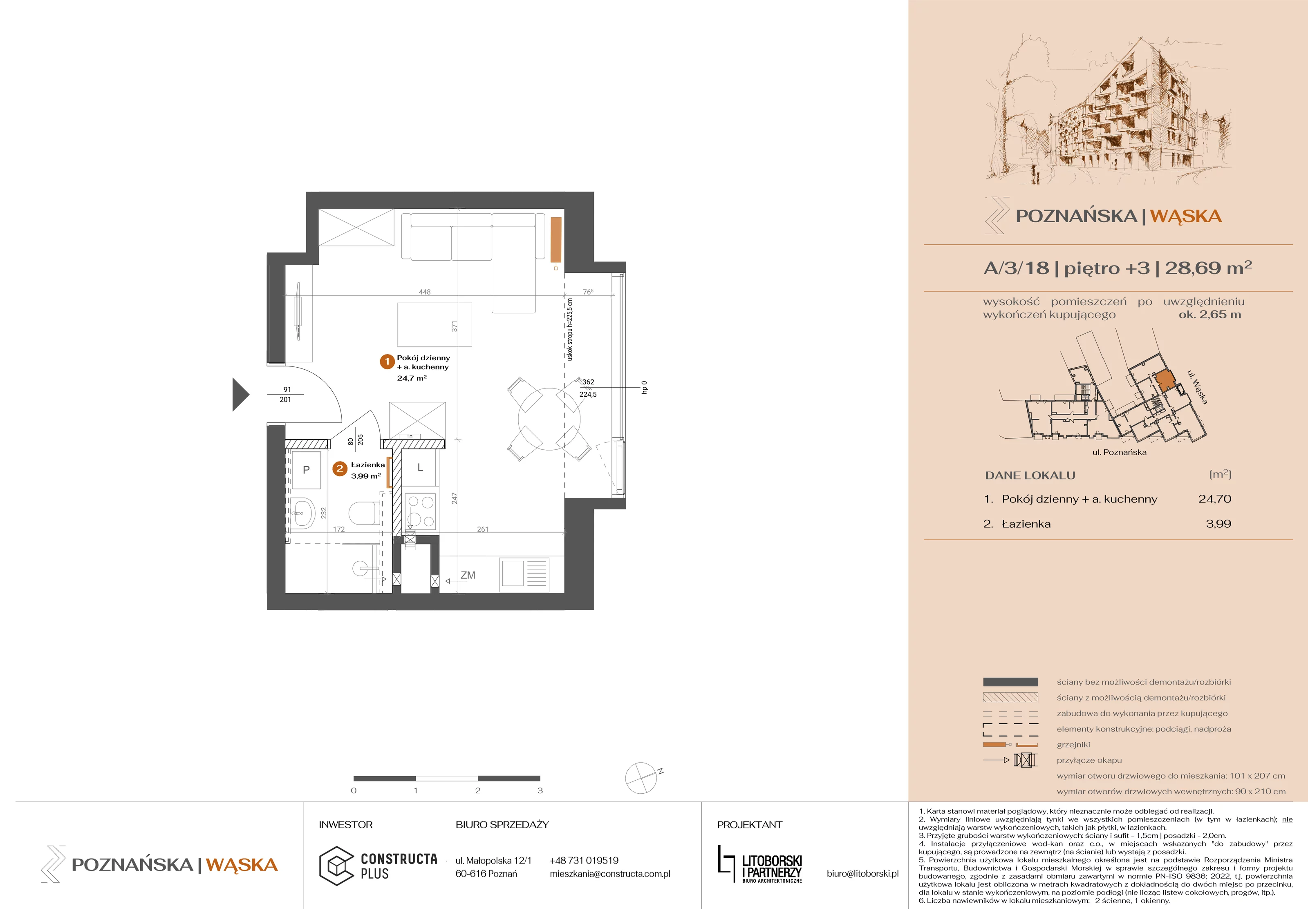 1 pokój, mieszkanie 28,72 m², piętro 3, oferta nr A-3-18, Poznańska / Wąska, Poznań, Jeżyce, ul. Poznańska