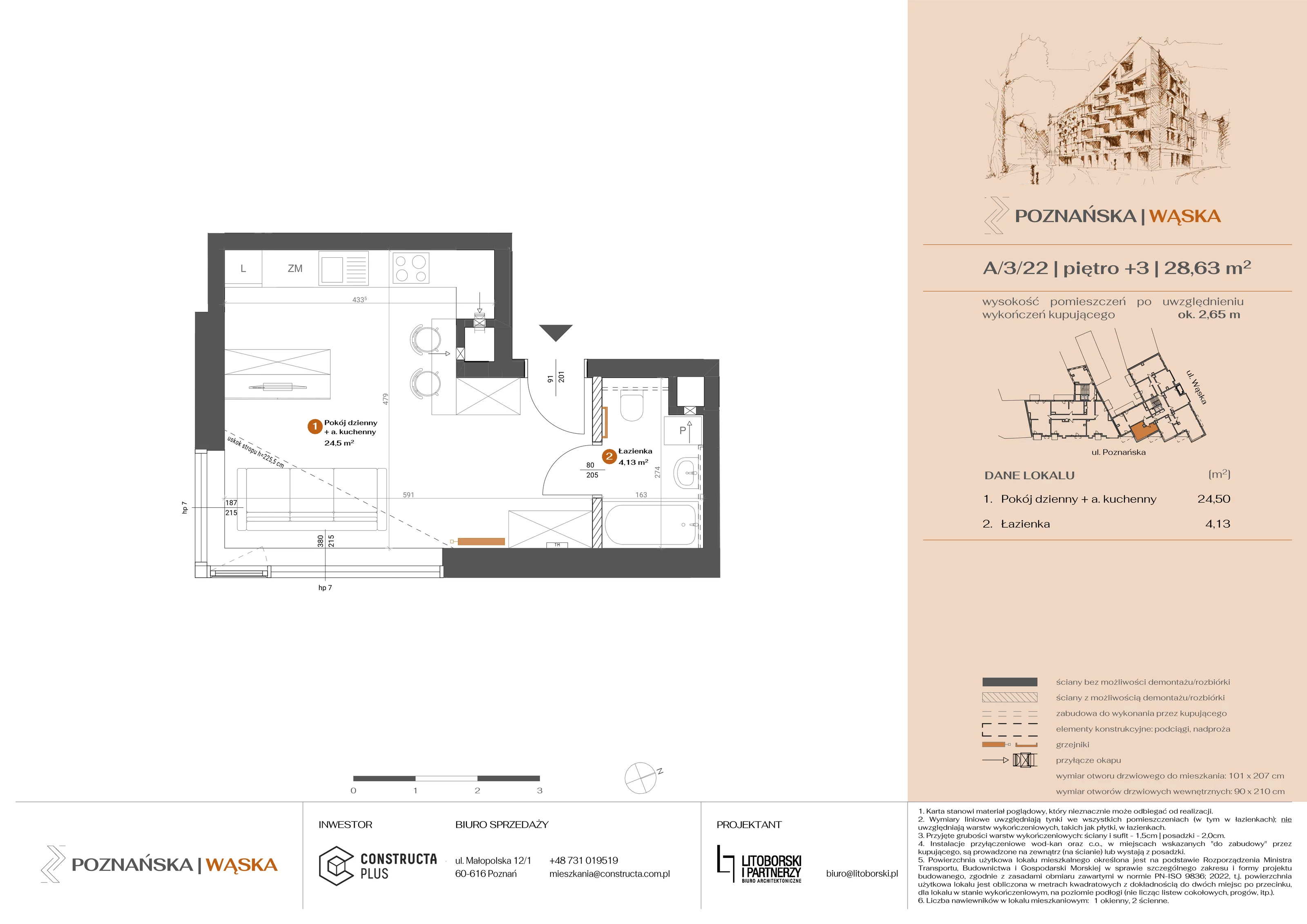 1 pokój, mieszkanie 28,62 m², piętro 3, oferta nr A-3-22, Poznańska / Wąska, Poznań, Jeżyce, ul. Poznańska