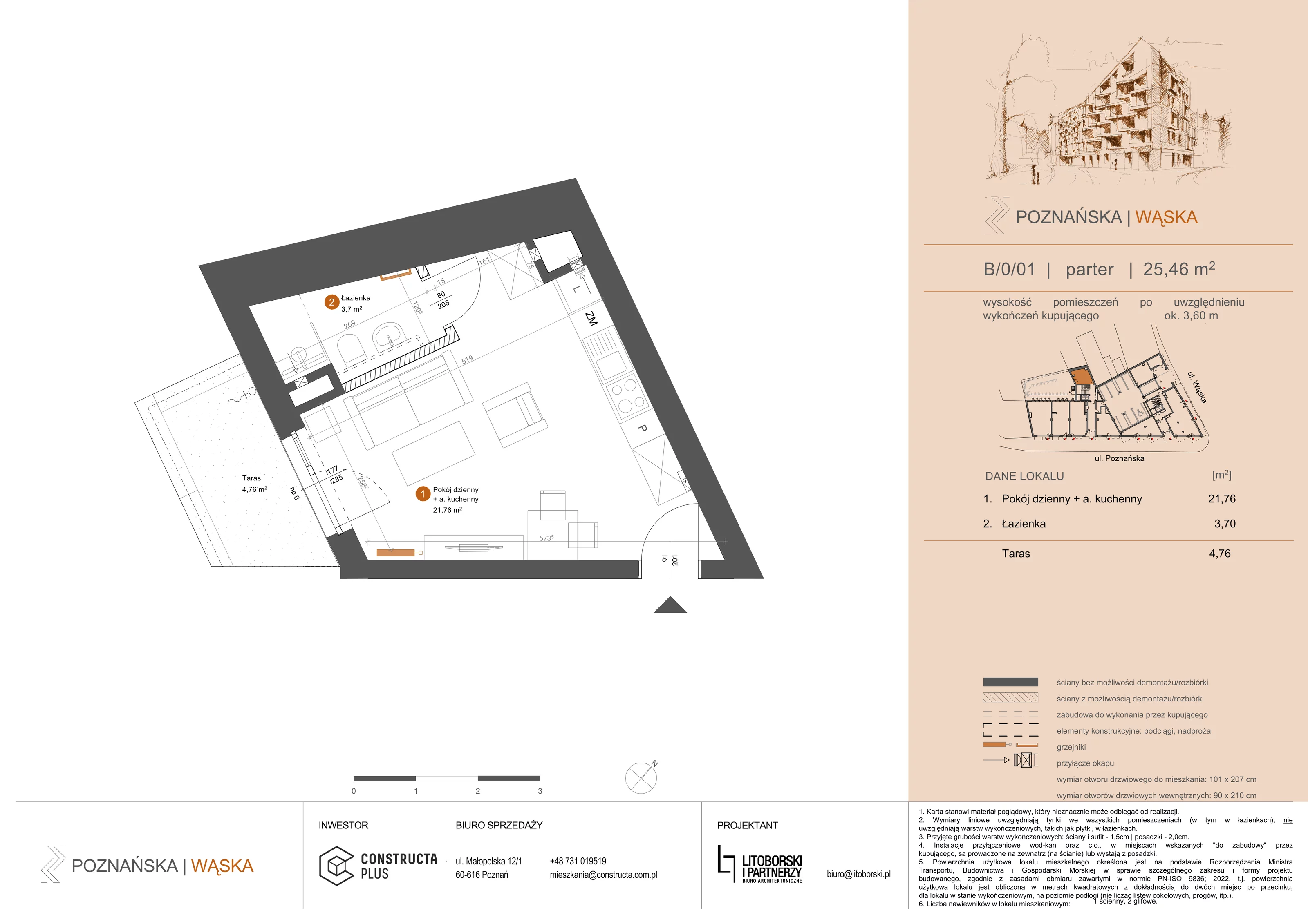 1 pokój, mieszkanie 25,46 m², parter, oferta nr B-0-01, Poznańska / Wąska, Poznań, Jeżyce, ul. Poznańska