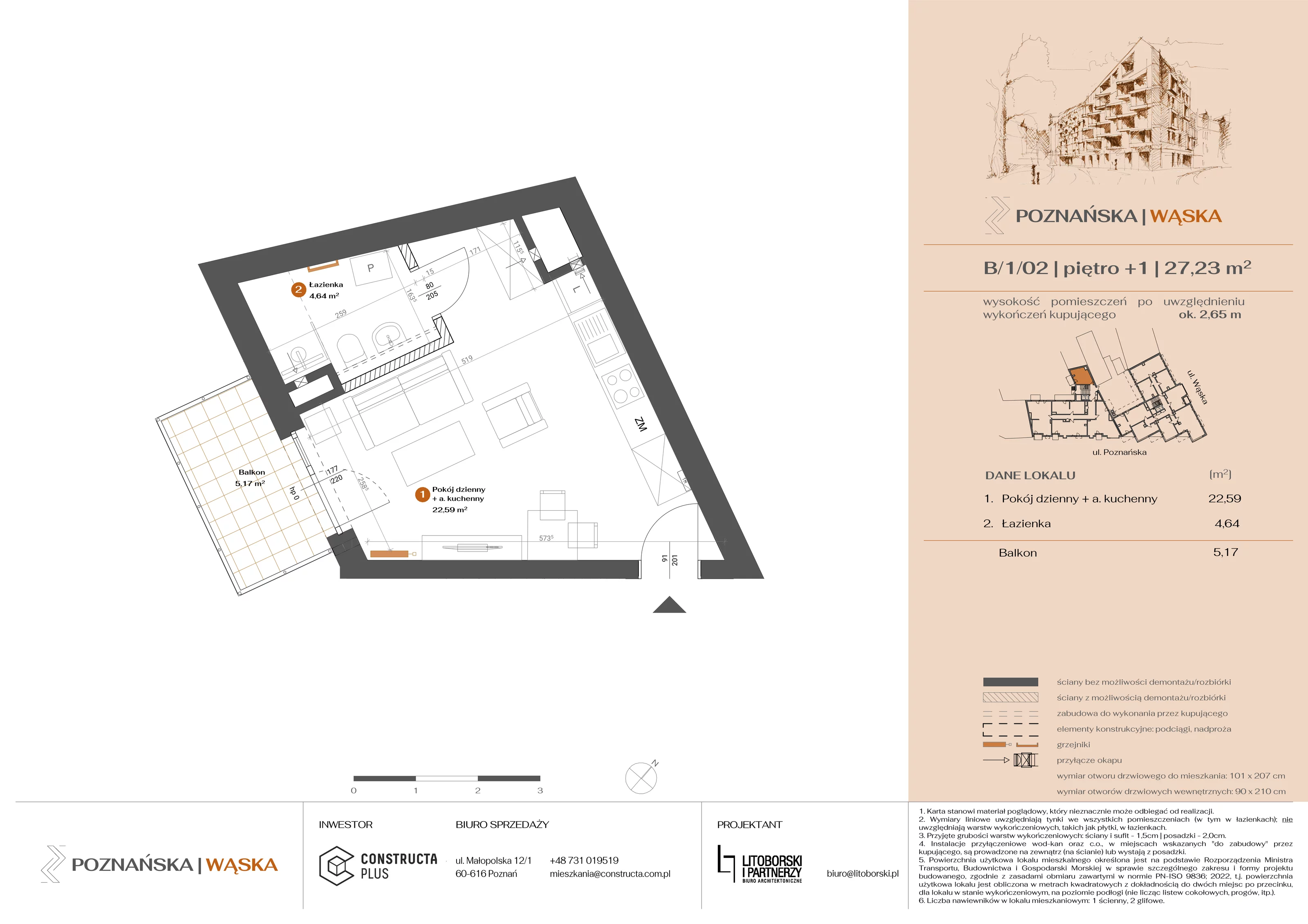 1 pokój, mieszkanie 27,23 m², piętro 1, oferta nr B-1-02, Poznańska / Wąska, Poznań, Jeżyce, ul. Poznańska