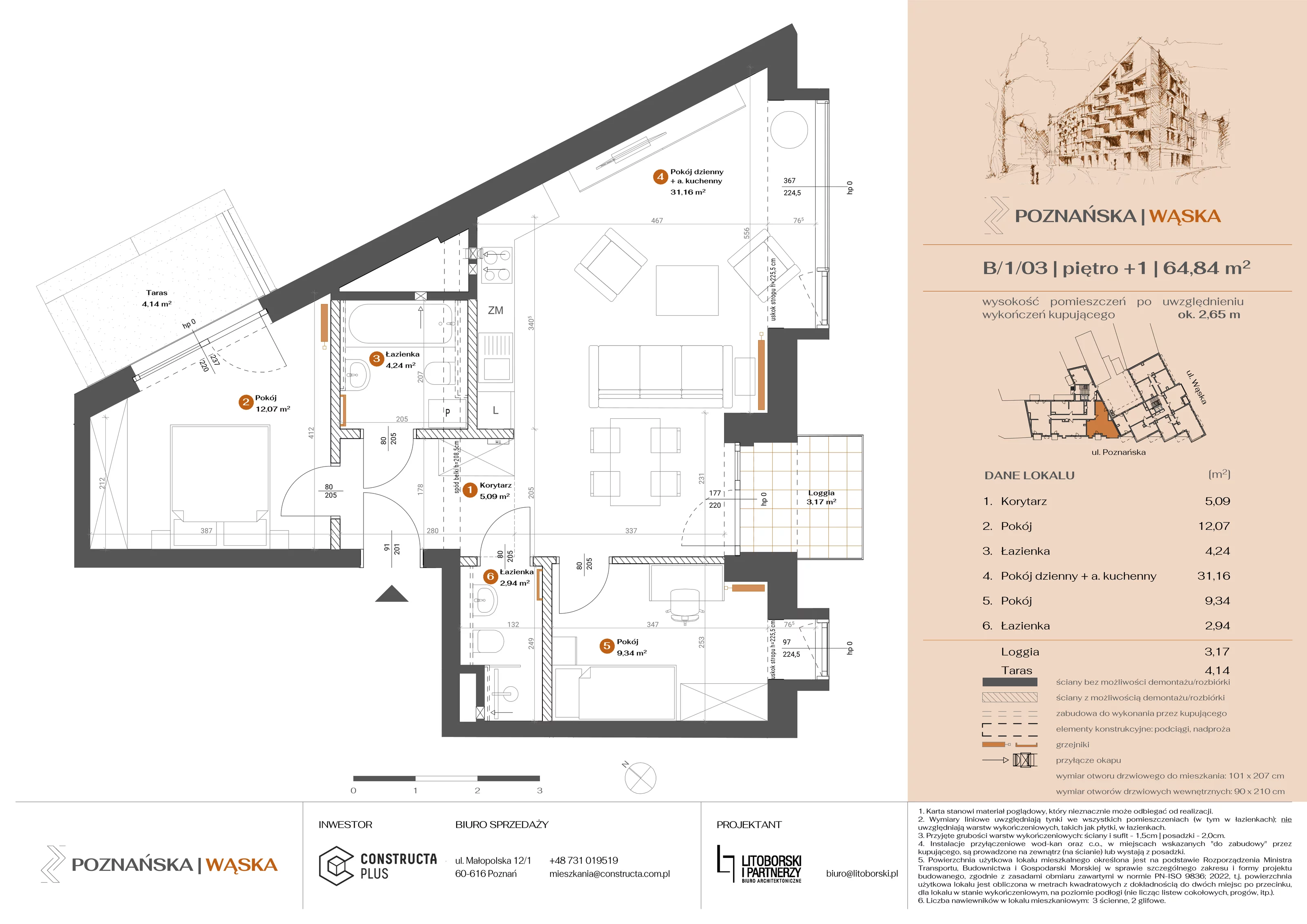 3 pokoje, mieszkanie 64,78 m², piętro 1, oferta nr B-1-03, Poznańska / Wąska, Poznań, Jeżyce, ul. Poznańska