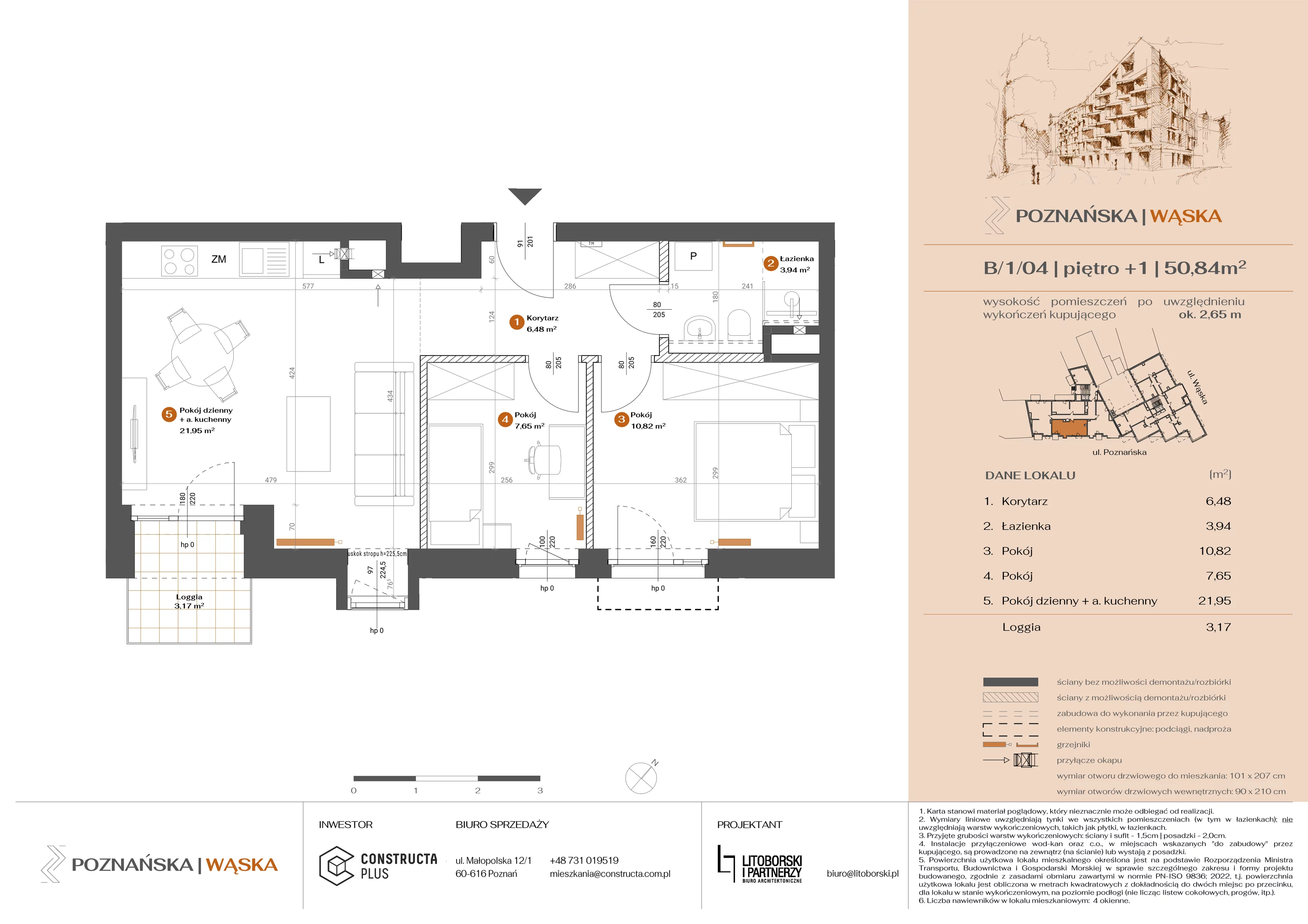 3 pokoje, mieszkanie 50,83 m², piętro 1, oferta nr B-1-04, Poznańska / Wąska, Poznań, Jeżyce, ul. Poznańska