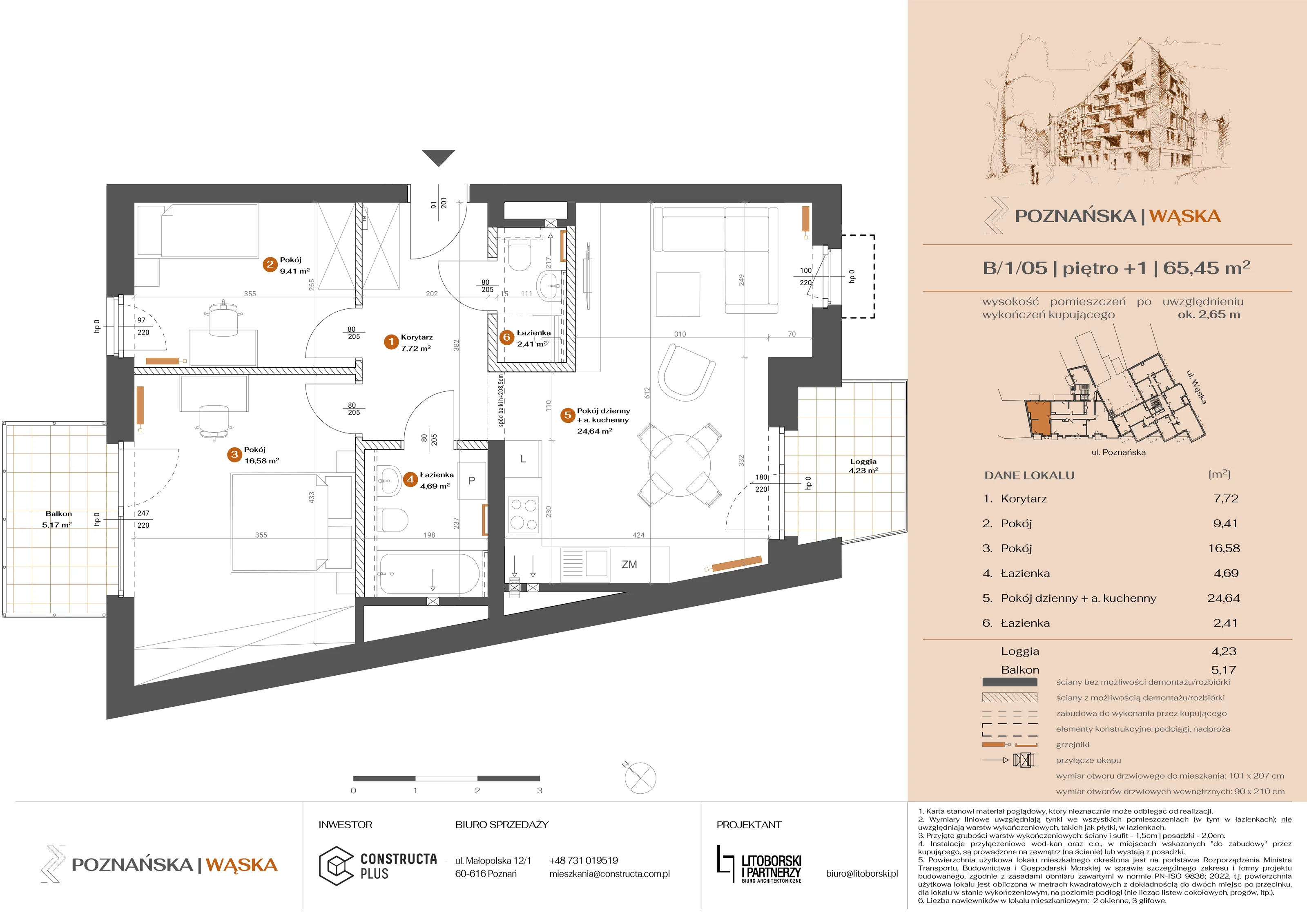 3 pokoje, mieszkanie 65,45 m², piętro 1, oferta nr B-1-05, Poznańska / Wąska, Poznań, Jeżyce, ul. Poznańska