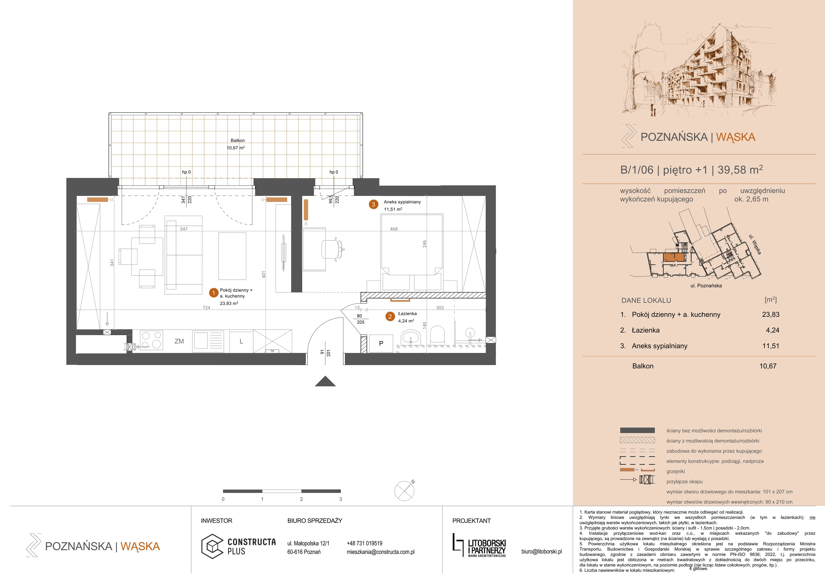 2 pokoje, mieszkanie 39,58 m², piętro 1, oferta nr B-1-06, Poznańska / Wąska, Poznań, Jeżyce, ul. Poznańska