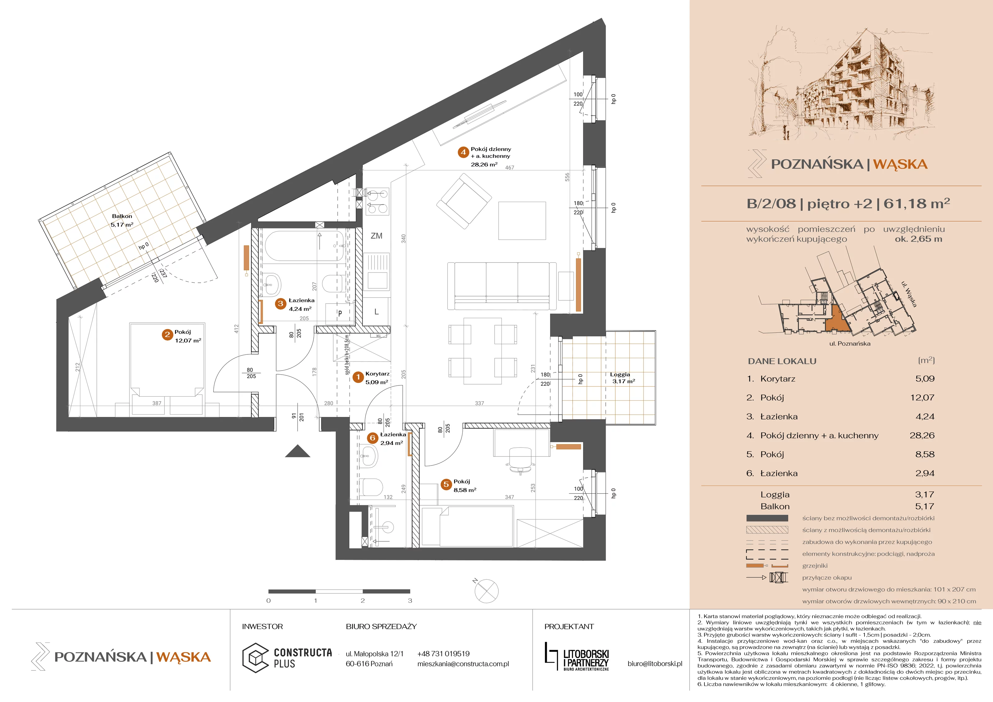 3 pokoje, mieszkanie 61,19 m², piętro 2, oferta nr B-2-08, Poznańska / Wąska, Poznań, Jeżyce, ul. Poznańska