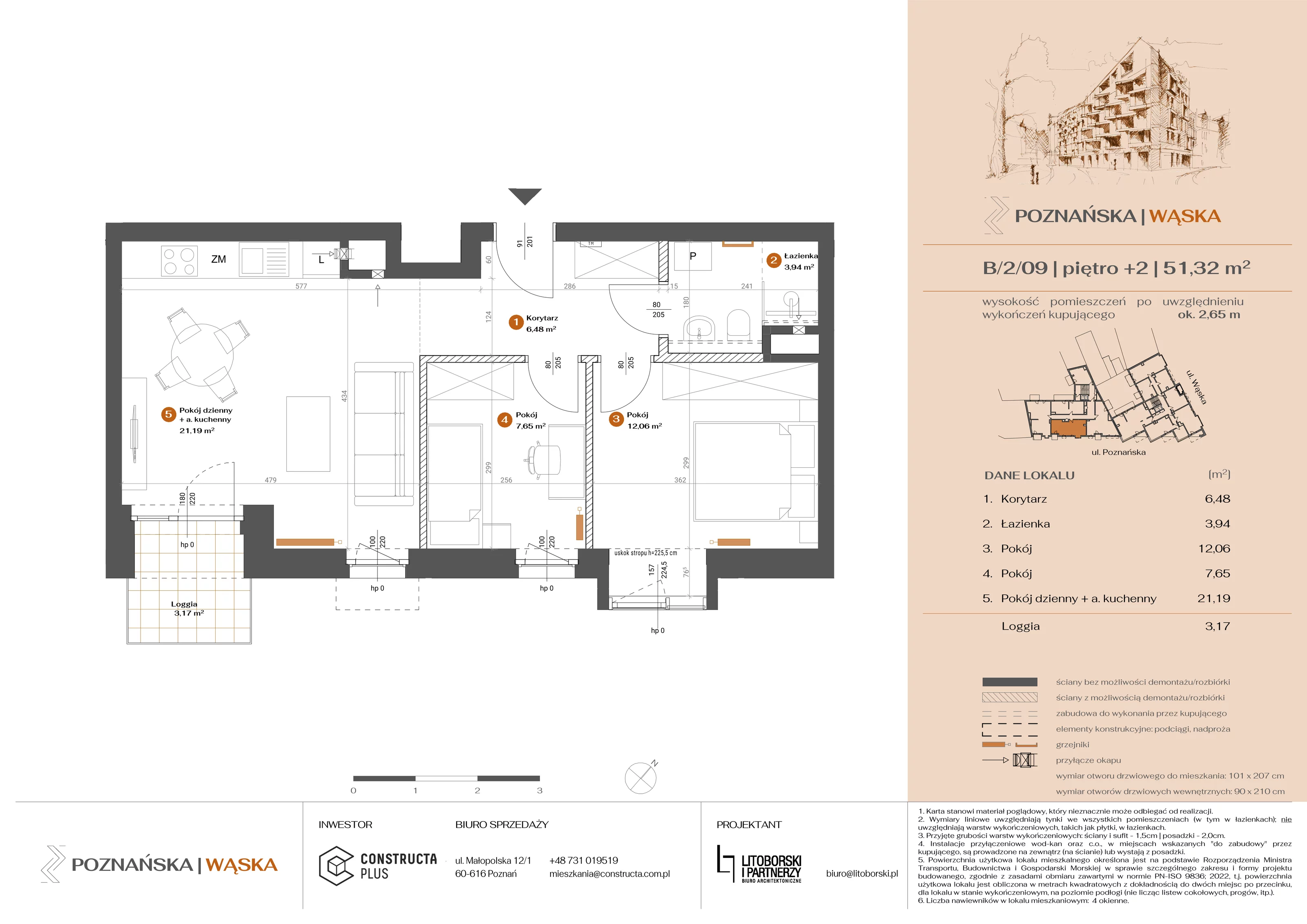 3 pokoje, mieszkanie 51,30 m², piętro 2, oferta nr B-2-09, Poznańska / Wąska, Poznań, Jeżyce, ul. Poznańska