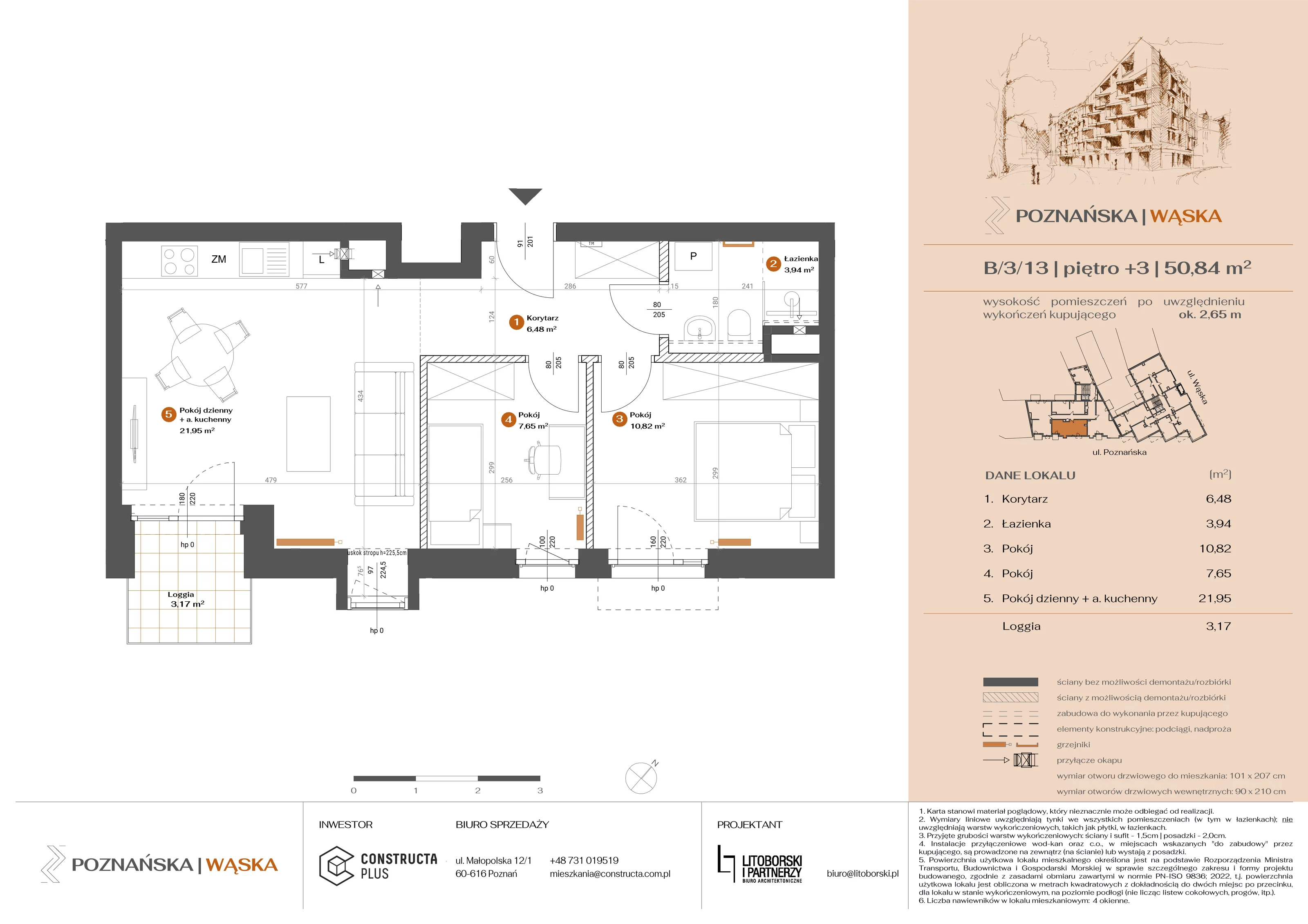 3 pokoje, mieszkanie 50,83 m², piętro 3, oferta nr B-3-13, Poznańska / Wąska, Poznań, Jeżyce, ul. Poznańska