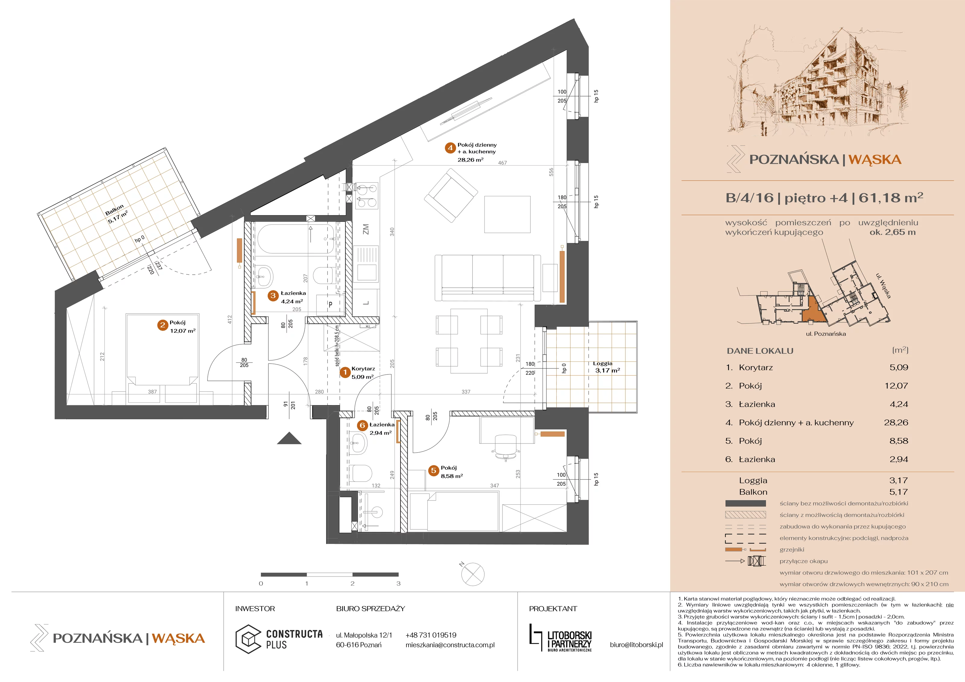 3 pokoje, mieszkanie 61,19 m², piętro 4, oferta nr B-4-16, Poznańska / Wąska, Poznań, Jeżyce, ul. Poznańska