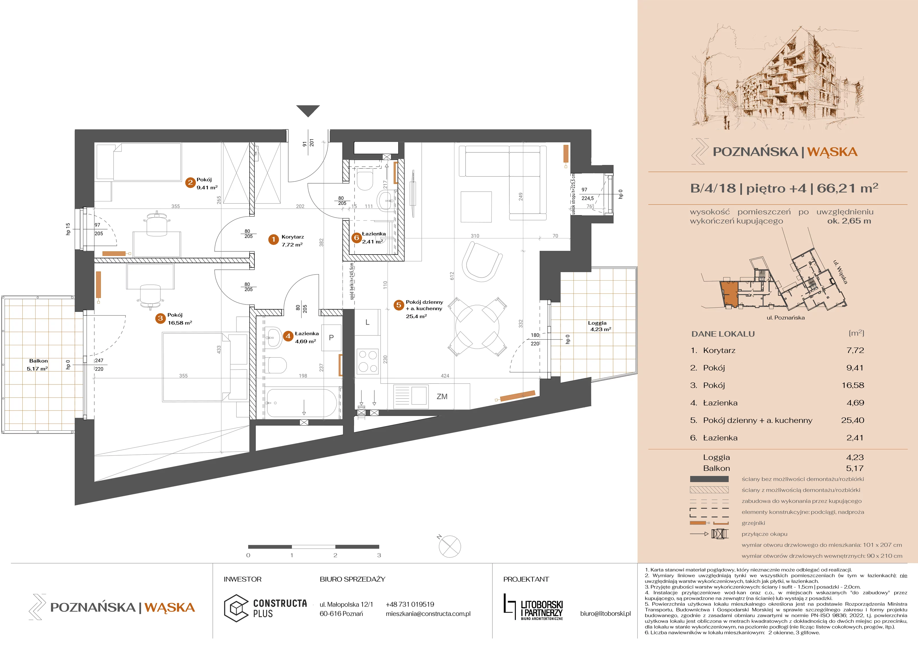 3 pokoje, mieszkanie 66,20 m², piętro 4, oferta nr B-4-18, Poznańska / Wąska, Poznań, Jeżyce, ul. Poznańska