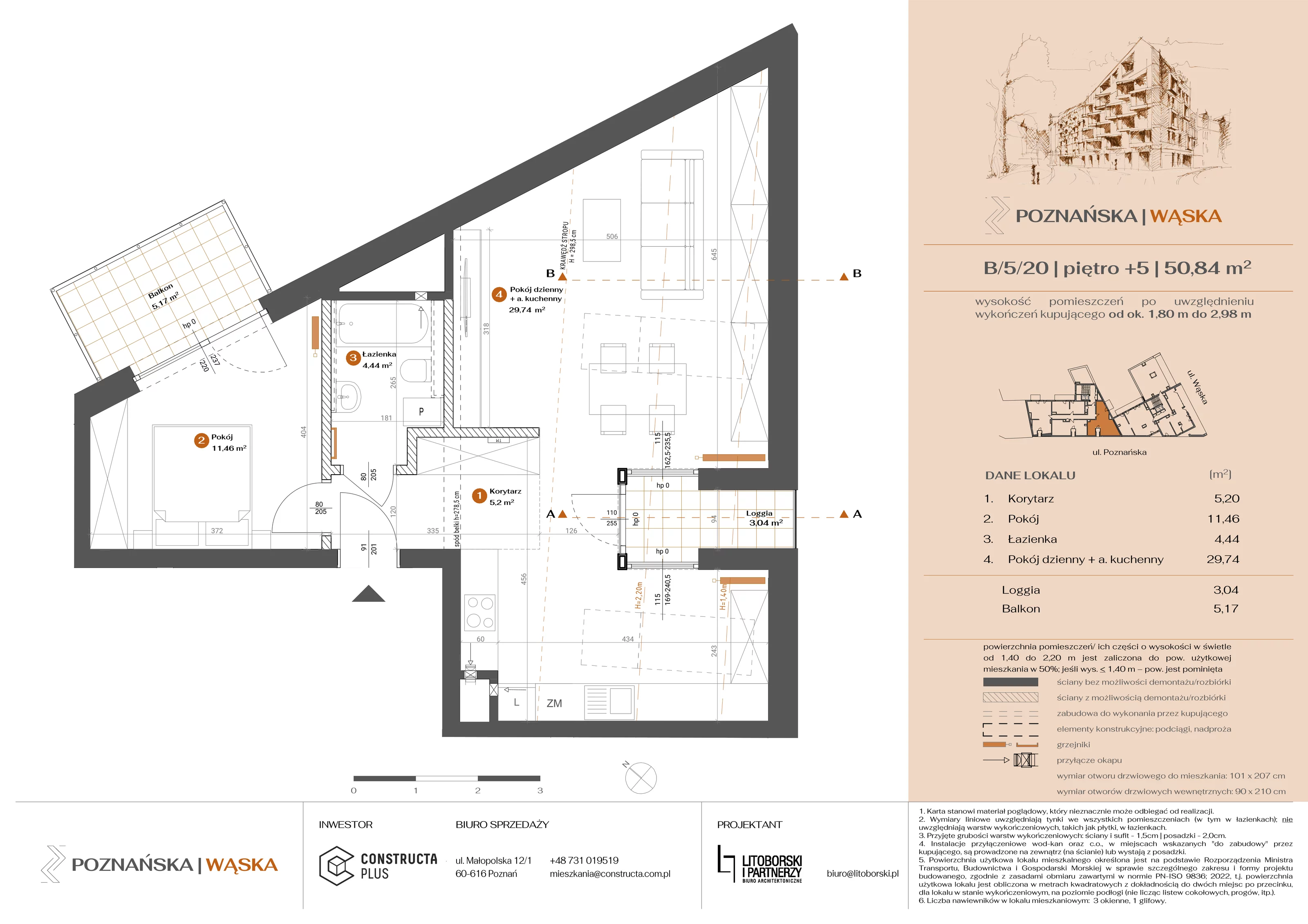 2 pokoje, mieszkanie 51,06 m², piętro 5, oferta nr B-5-20, Poznańska / Wąska, Poznań, Jeżyce, ul. Poznańska