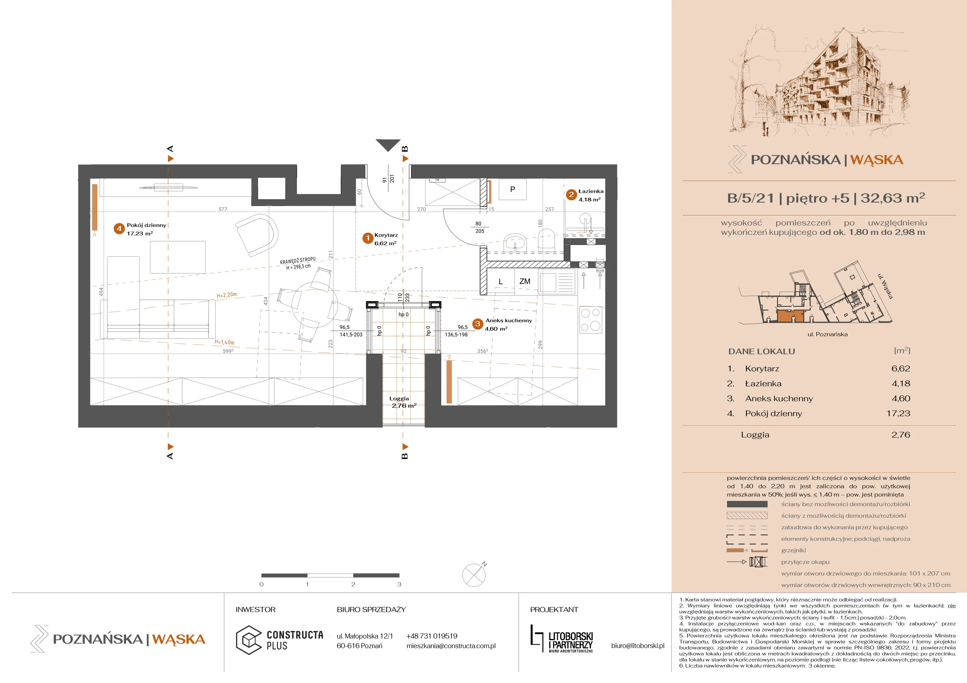 2 pokoje, mieszkanie 32,81 m², piętro 5, oferta nr B-5-21, Poznańska / Wąska, Poznań, Jeżyce, ul. Poznańska