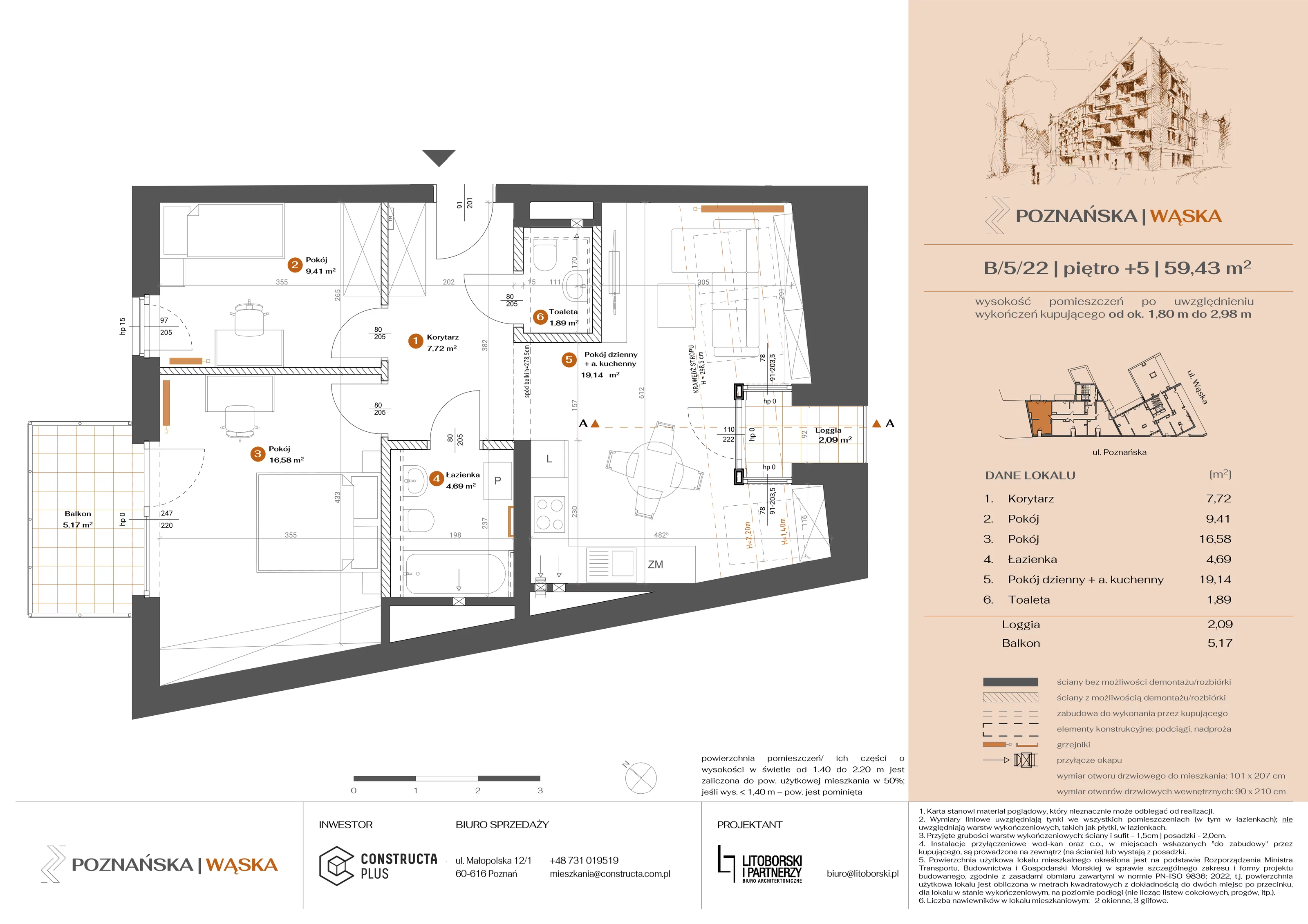 3 pokoje, mieszkanie 59,63 m², piętro 5, oferta nr B-5-22, Poznańska / Wąska, Poznań, Jeżyce, ul. Poznańska