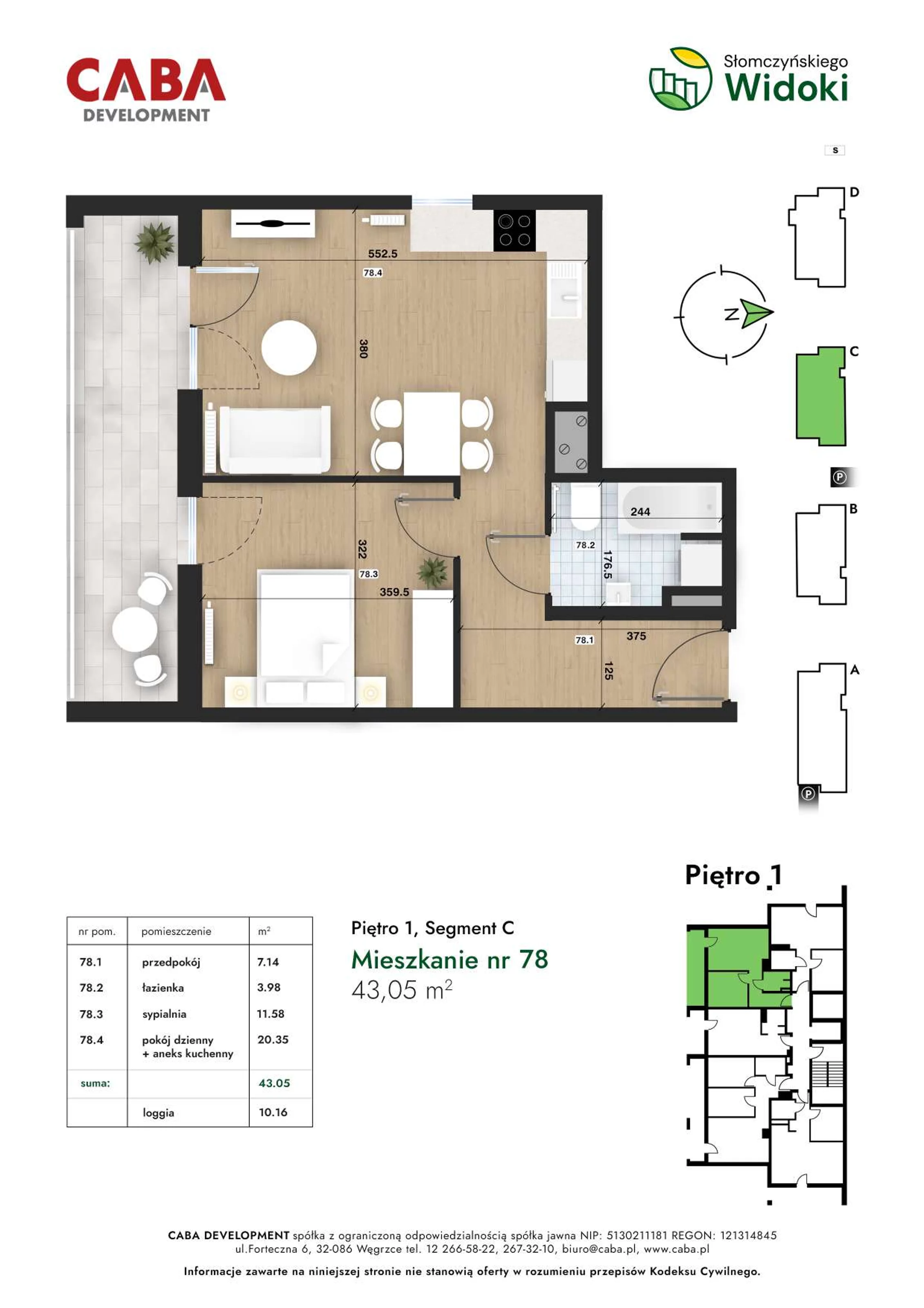 2 pokoje, mieszkanie 43,05 m², piętro 1, oferta nr 78, Słomczyńskiego Widoki, Kraków, Prądnik Biały, Górka Narodowa, ul. Macieja Słomczyńskiego 1