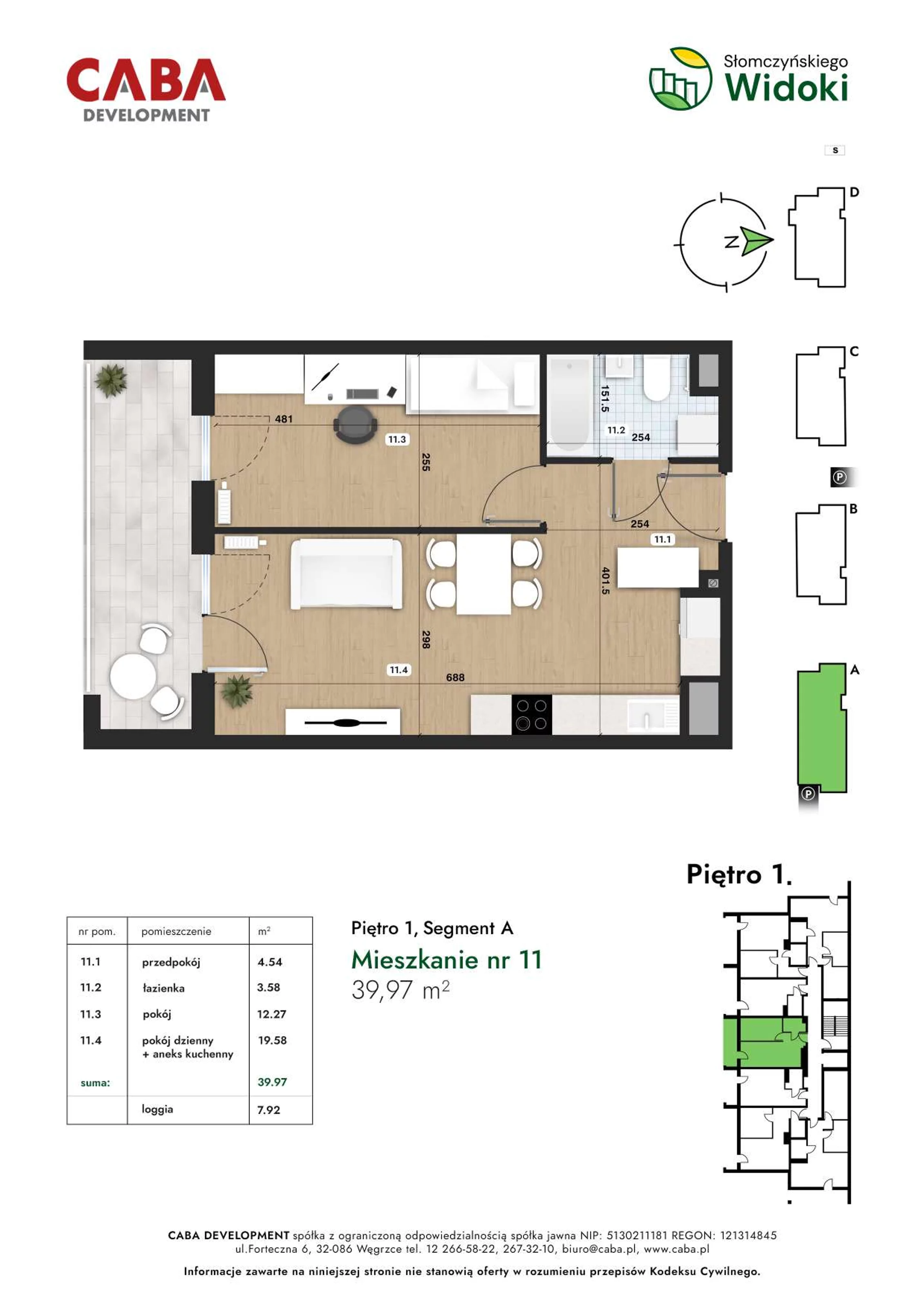 2 pokoje, mieszkanie 39,97 m², piętro 1, oferta nr 11, Słomczyńskiego Widoki, Kraków, Prądnik Biały, Górka Narodowa, ul. Macieja Słomczyńskiego 1