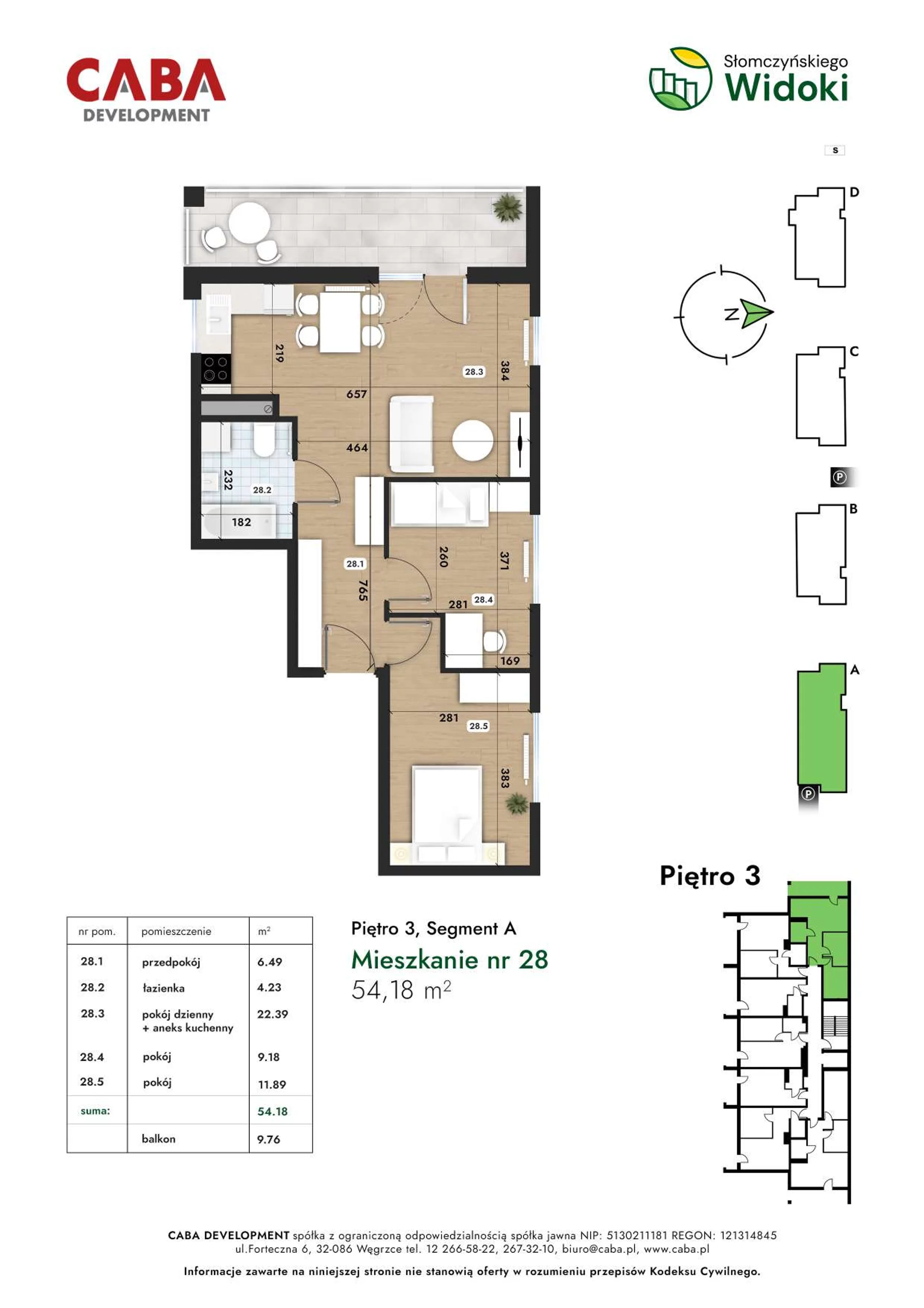3 pokoje, mieszkanie 54,18 m², piętro 3, oferta nr 28, Słomczyńskiego Widoki, Kraków, Prądnik Biały, Górka Narodowa, ul. Macieja Słomczyńskiego 1