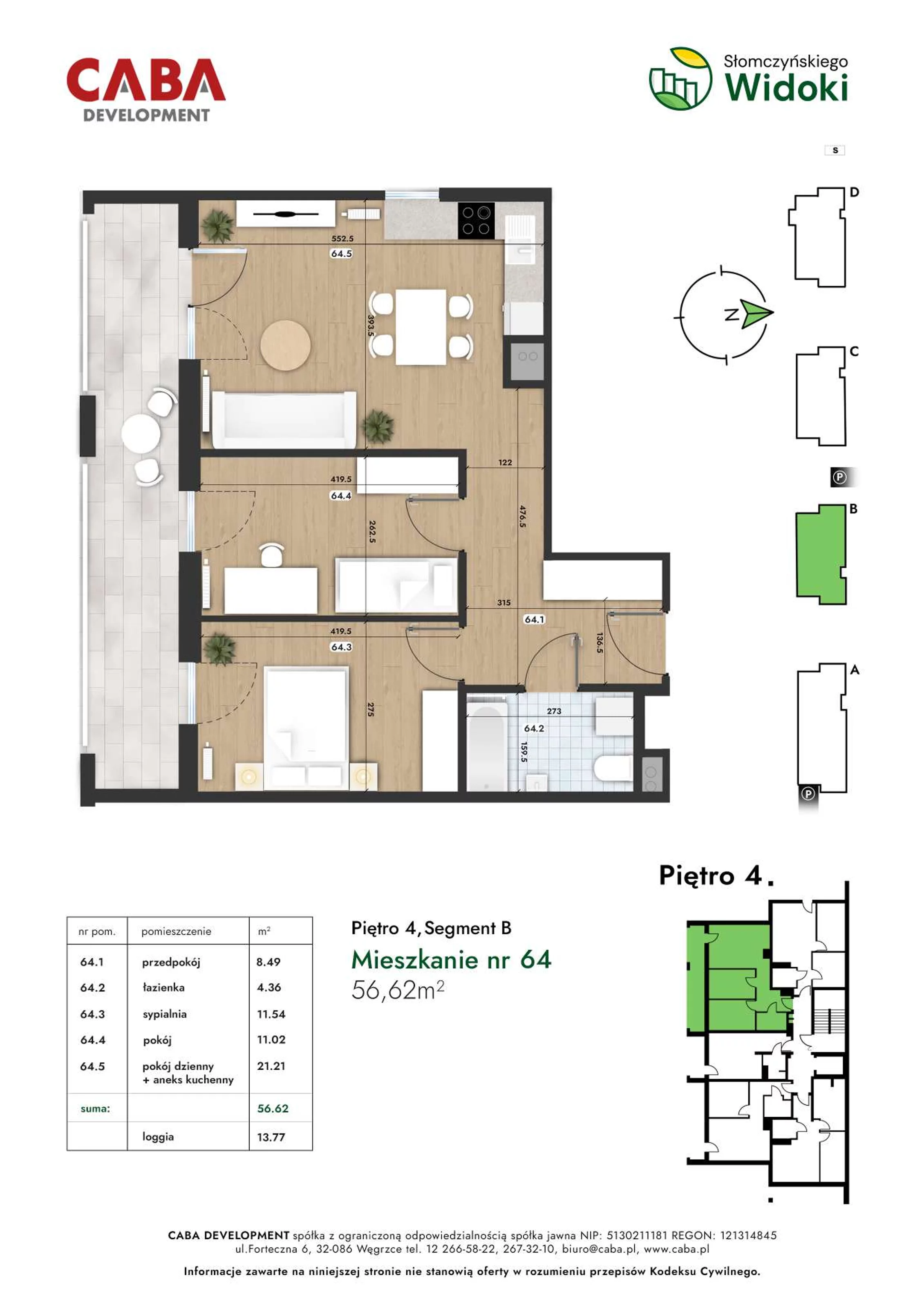 3 pokoje, mieszkanie 56,62 m², piętro 4, oferta nr 64, Słomczyńskiego Widoki, Kraków, Prądnik Biały, Górka Narodowa, ul. Macieja Słomczyńskiego 1