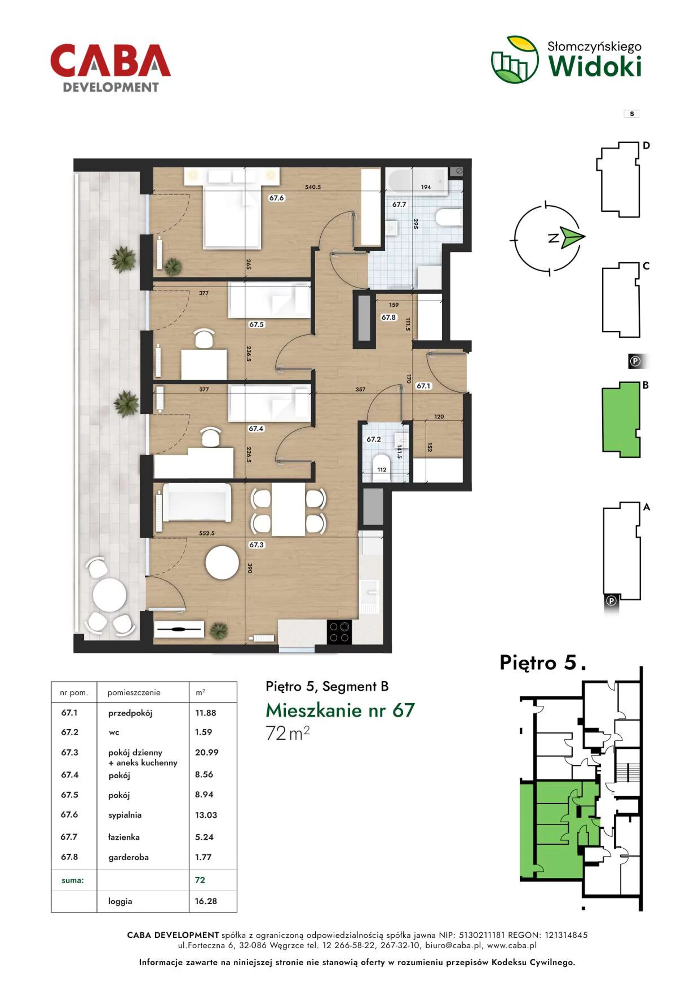 4 pokoje, mieszkanie 72,00 m², piętro 5, oferta nr 67, Słomczyńskiego Widoki, Kraków, Prądnik Biały, Górka Narodowa, ul. Macieja Słomczyńskiego 1