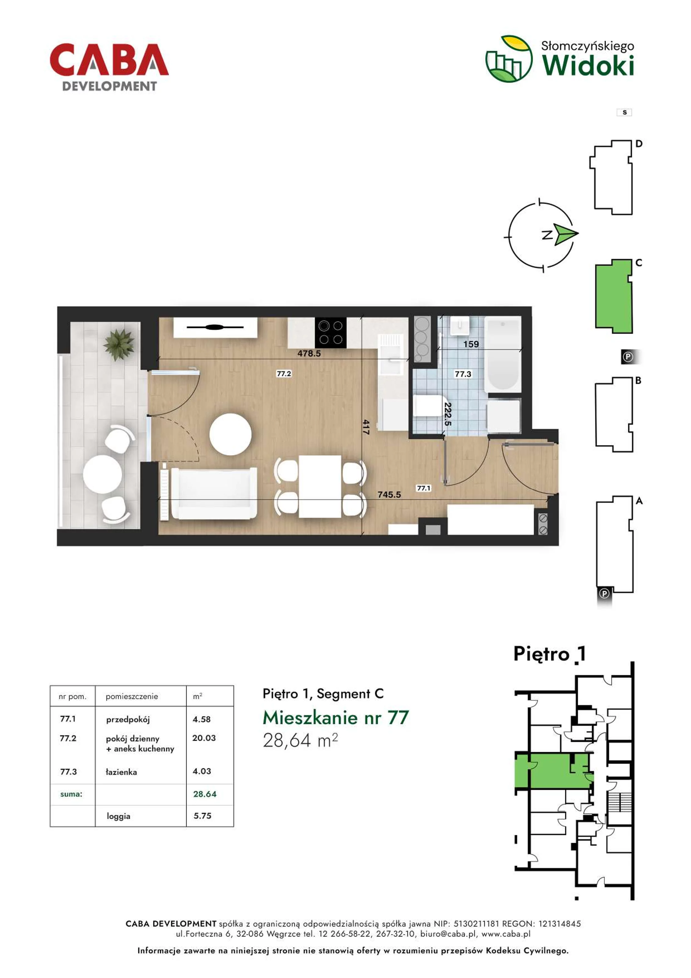 1 pokój, mieszkanie 28,64 m², piętro 1, oferta nr 77, Słomczyńskiego Widoki, Kraków, Prądnik Biały, Górka Narodowa, ul. Macieja Słomczyńskiego 1