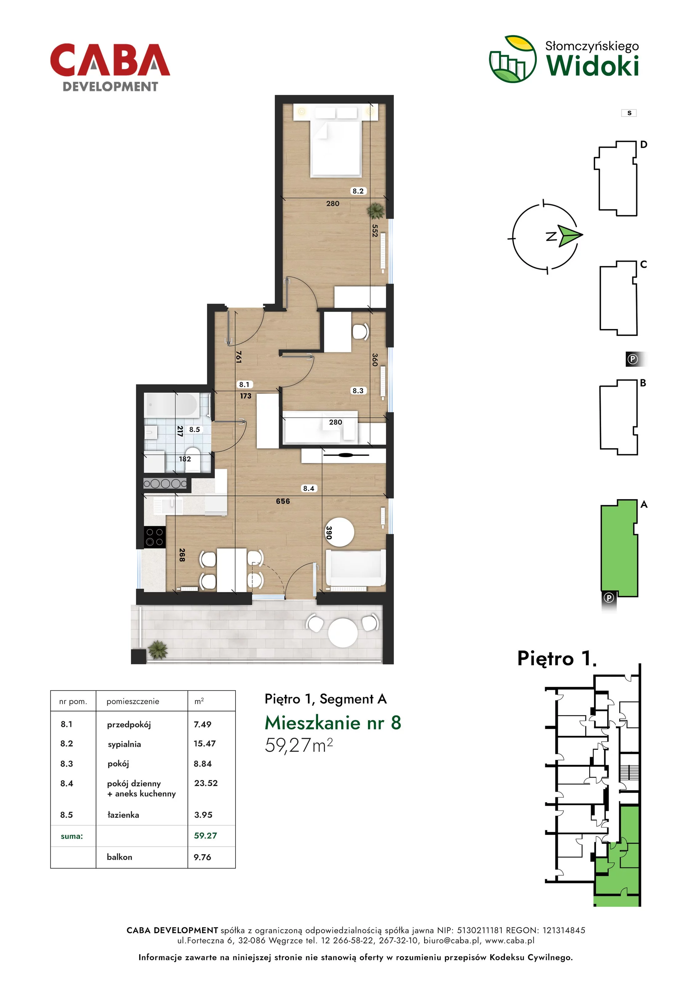 3 pokoje, mieszkanie 59,27 m², piętro 1, oferta nr 8, Słomczyńskiego Widoki, Kraków, Prądnik Biały, Górka Narodowa, ul. Macieja Słomczyńskiego 1