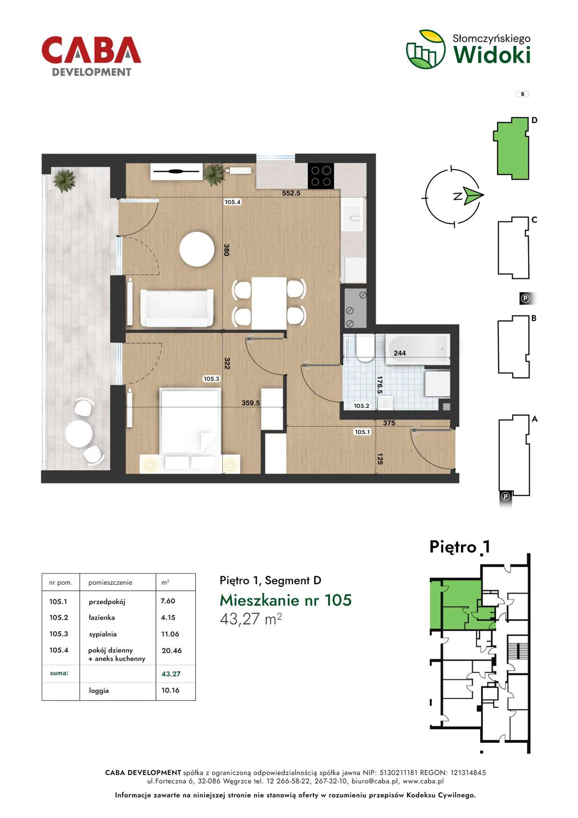 2 pokoje, mieszkanie 43,27 m², piętro 1, oferta nr 105, Słomczyńskiego Widoki, Kraków, Prądnik Biały, Górka Narodowa, ul. Macieja Słomczyńskiego 1