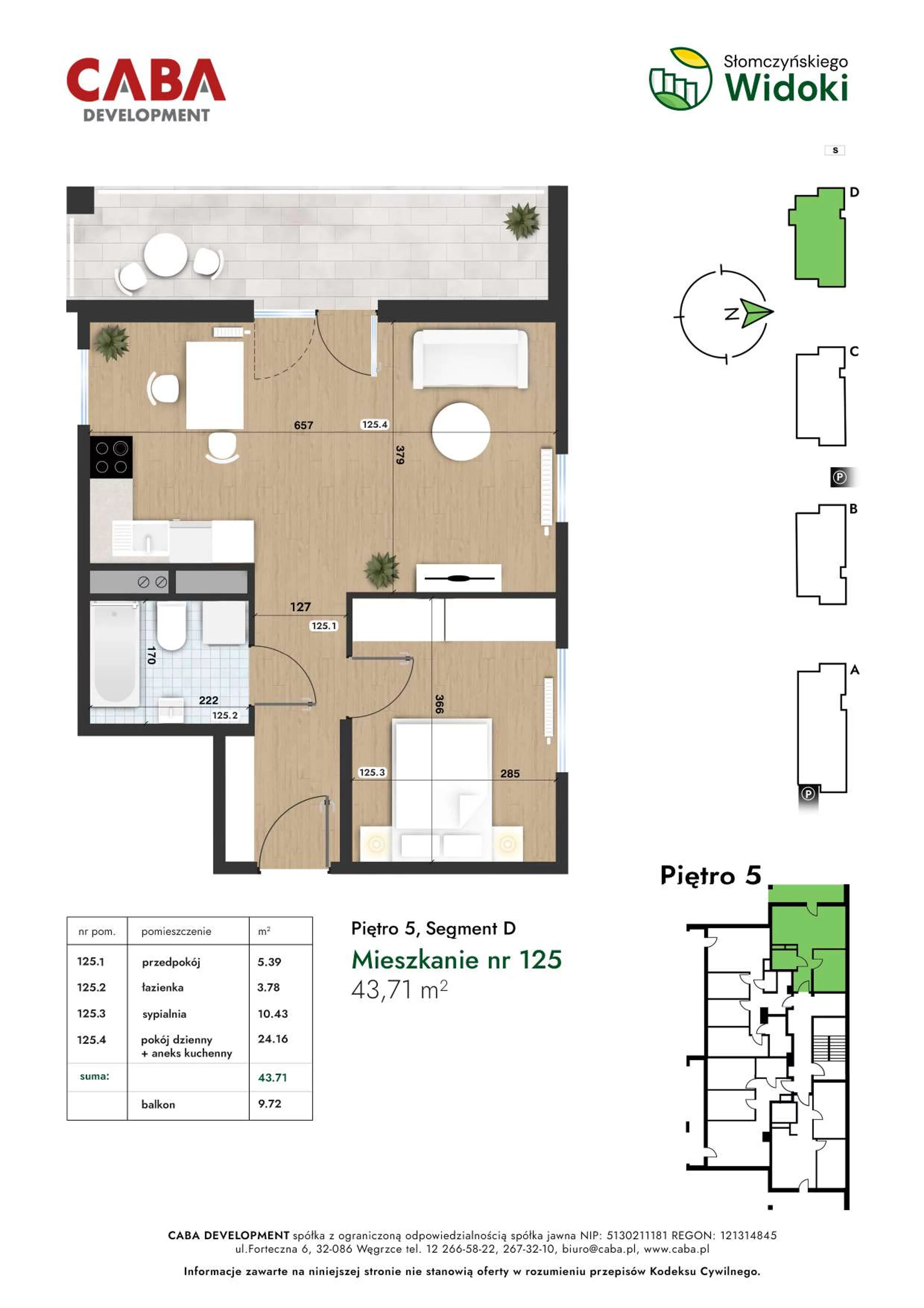 2 pokoje, mieszkanie 43,71 m², piętro 5, oferta nr 125, Słomczyńskiego Widoki, Kraków, Prądnik Biały, Górka Narodowa, ul. Macieja Słomczyńskiego 1