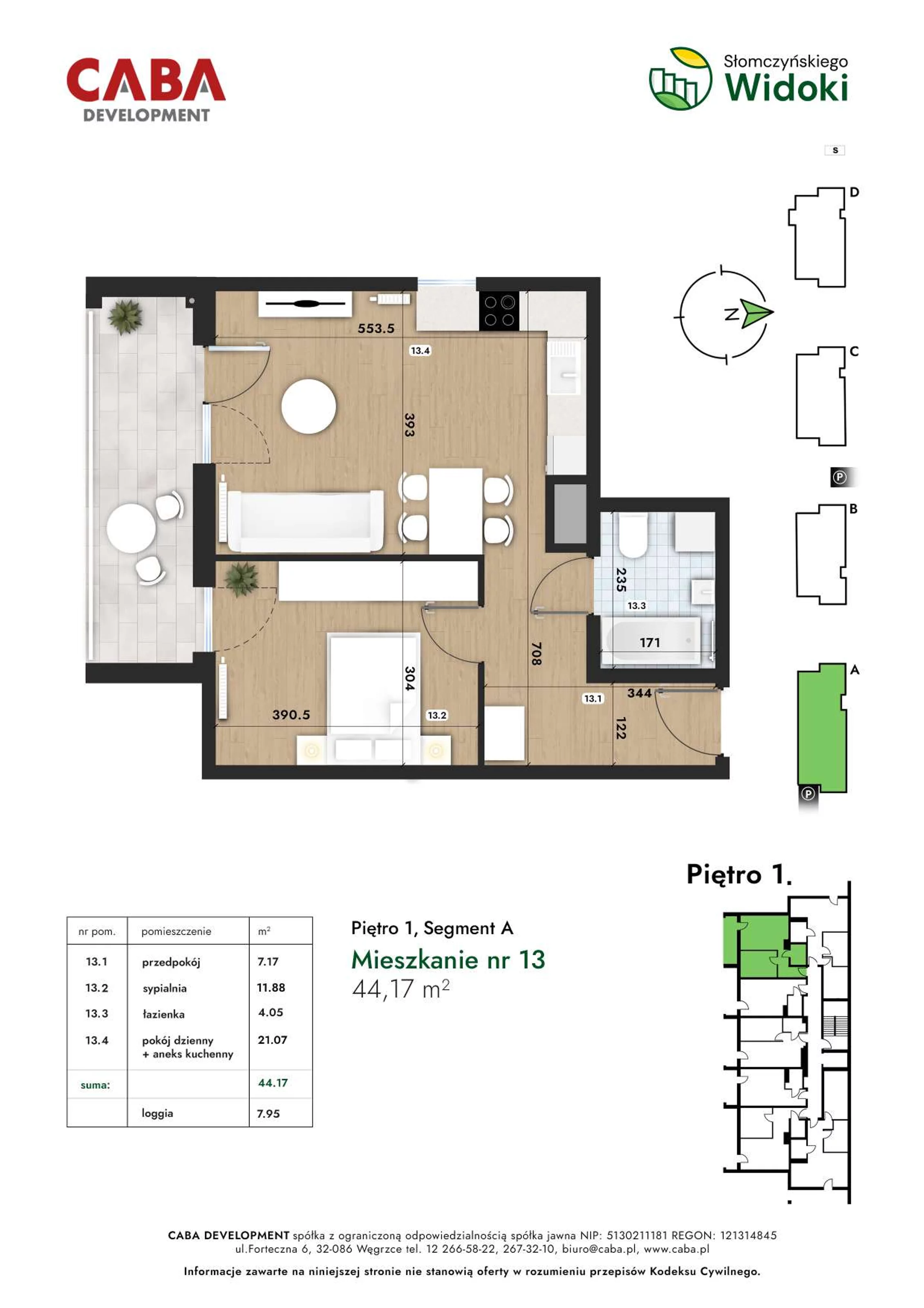 2 pokoje, mieszkanie 44,17 m², piętro 1, oferta nr 13, Słomczyńskiego Widoki, Kraków, Prądnik Biały, Górka Narodowa, ul. Macieja Słomczyńskiego 1