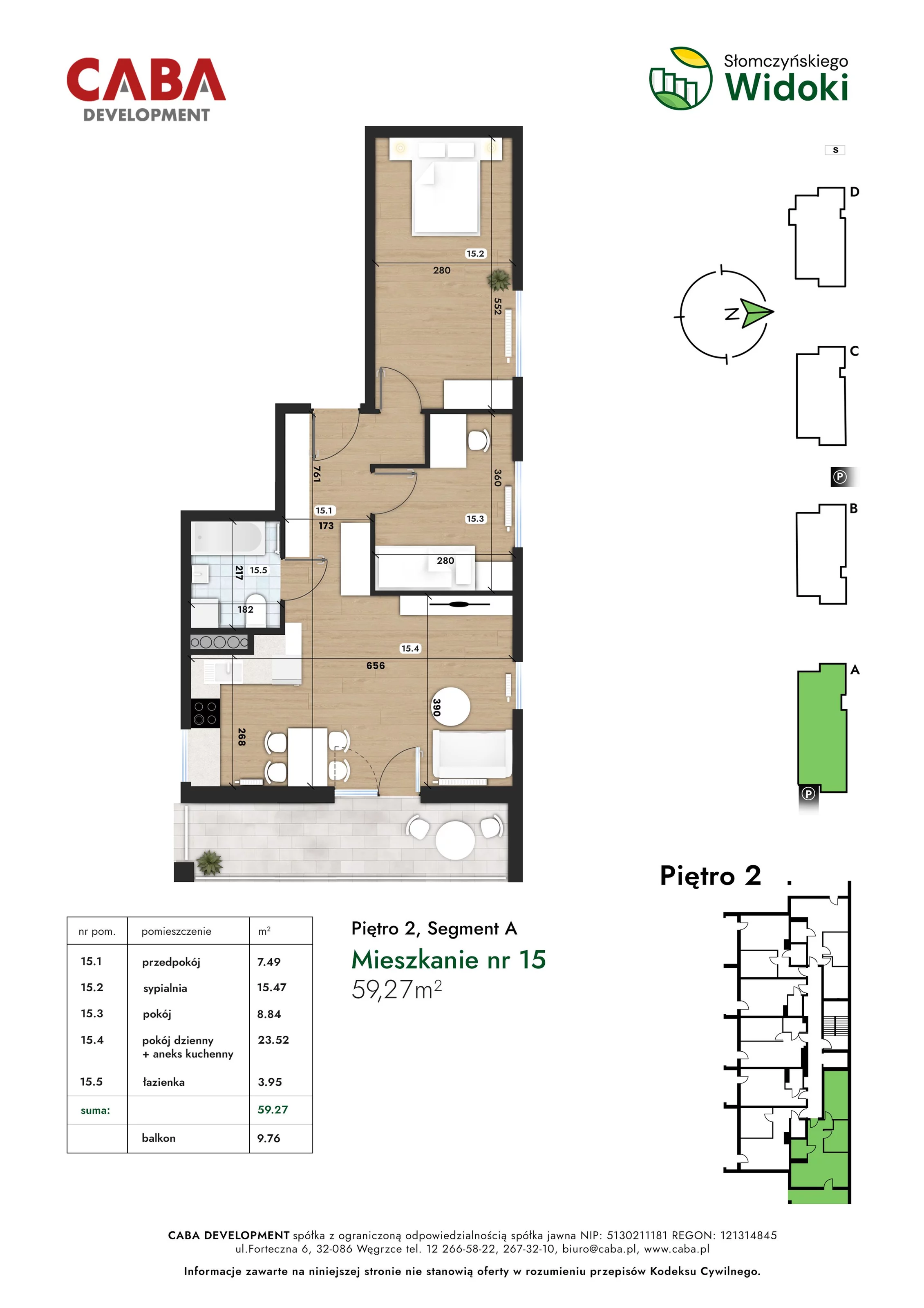 3 pokoje, mieszkanie 59,27 m², piętro 2, oferta nr 15, Słomczyńskiego Widoki, Kraków, Prądnik Biały, Górka Narodowa, ul. Macieja Słomczyńskiego 1