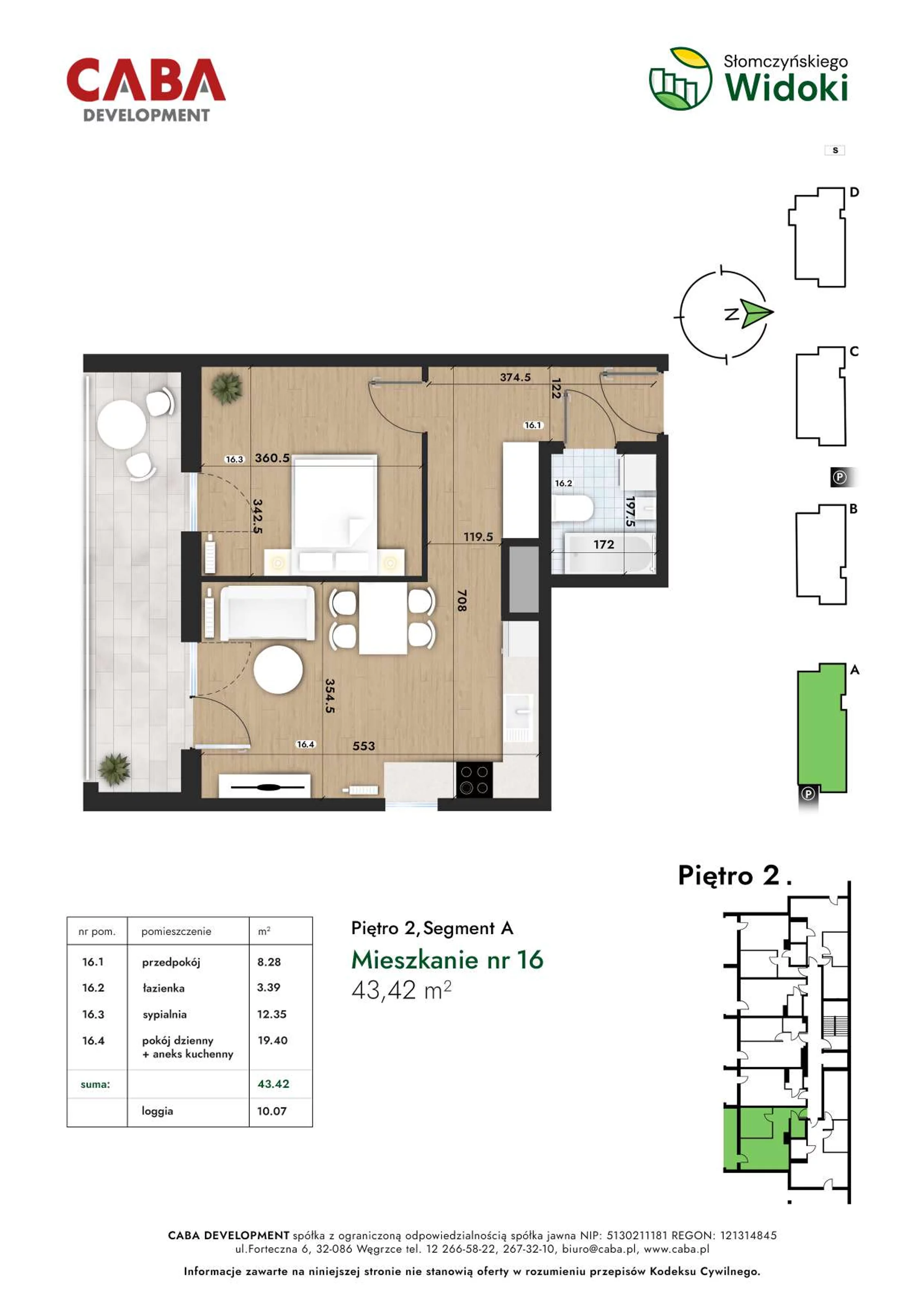 2 pokoje, mieszkanie 43,42 m², piętro 2, oferta nr 16, Słomczyńskiego Widoki, Kraków, Prądnik Biały, Górka Narodowa, ul. Macieja Słomczyńskiego 1