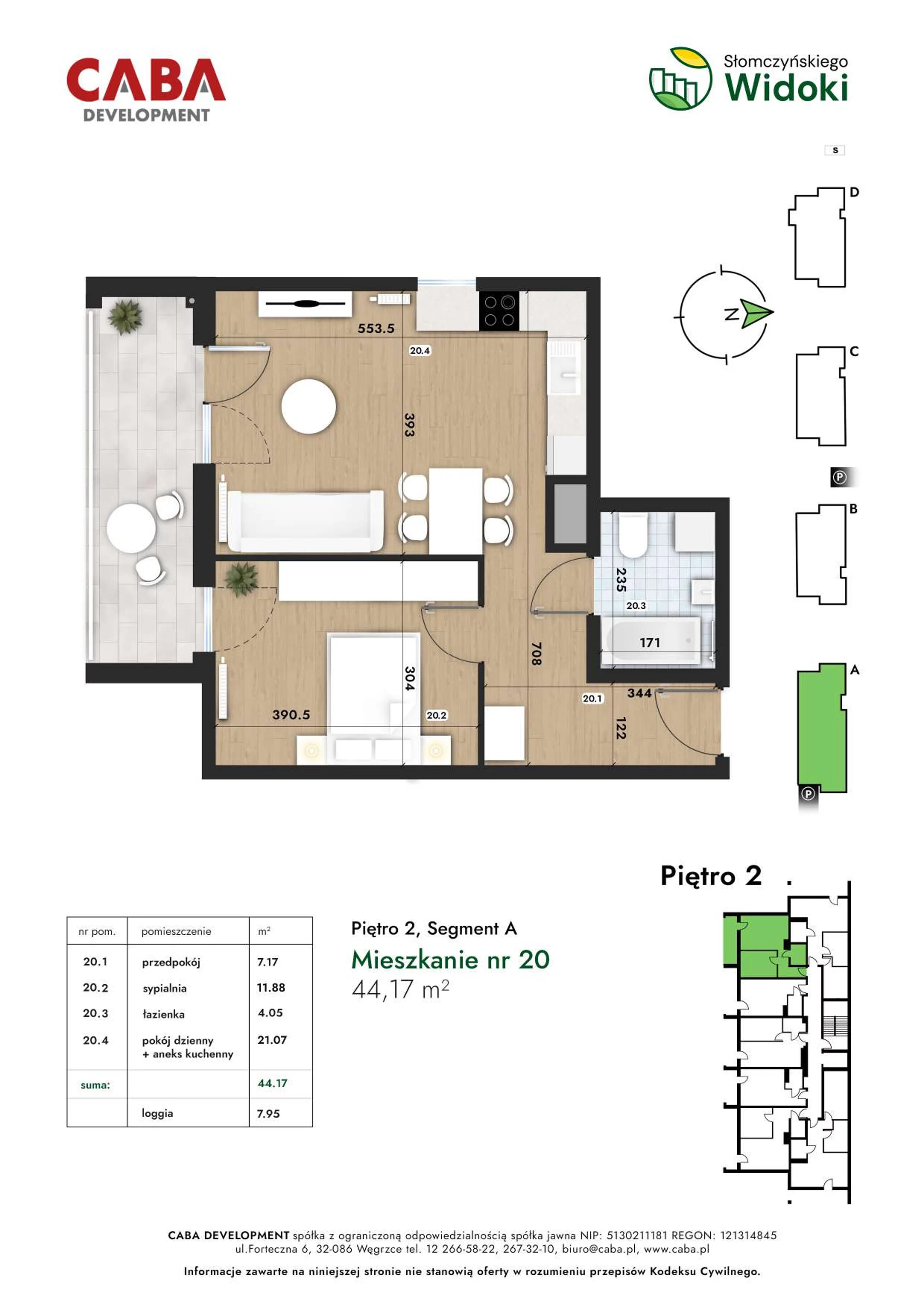 2 pokoje, mieszkanie 44,17 m², piętro 2, oferta nr 20, Słomczyńskiego Widoki, Kraków, Prądnik Biały, Górka Narodowa, ul. Macieja Słomczyńskiego 1