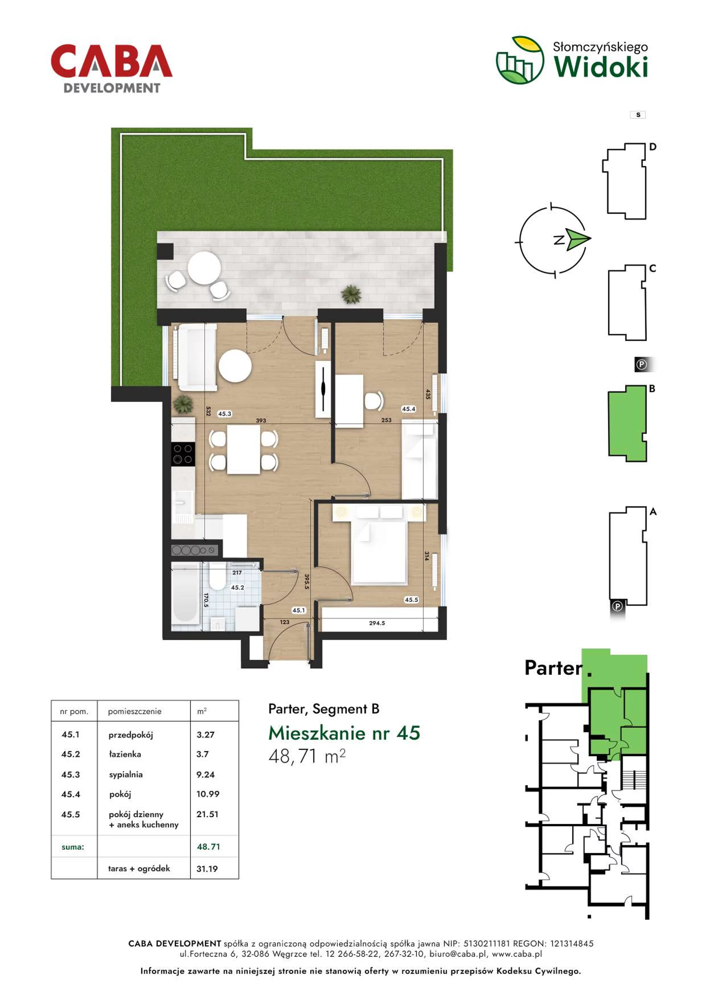 3 pokoje, mieszkanie 48,71 m², parter, oferta nr 45, Słomczyńskiego Widoki, Kraków, Prądnik Biały, Górka Narodowa, ul. Macieja Słomczyńskiego 1