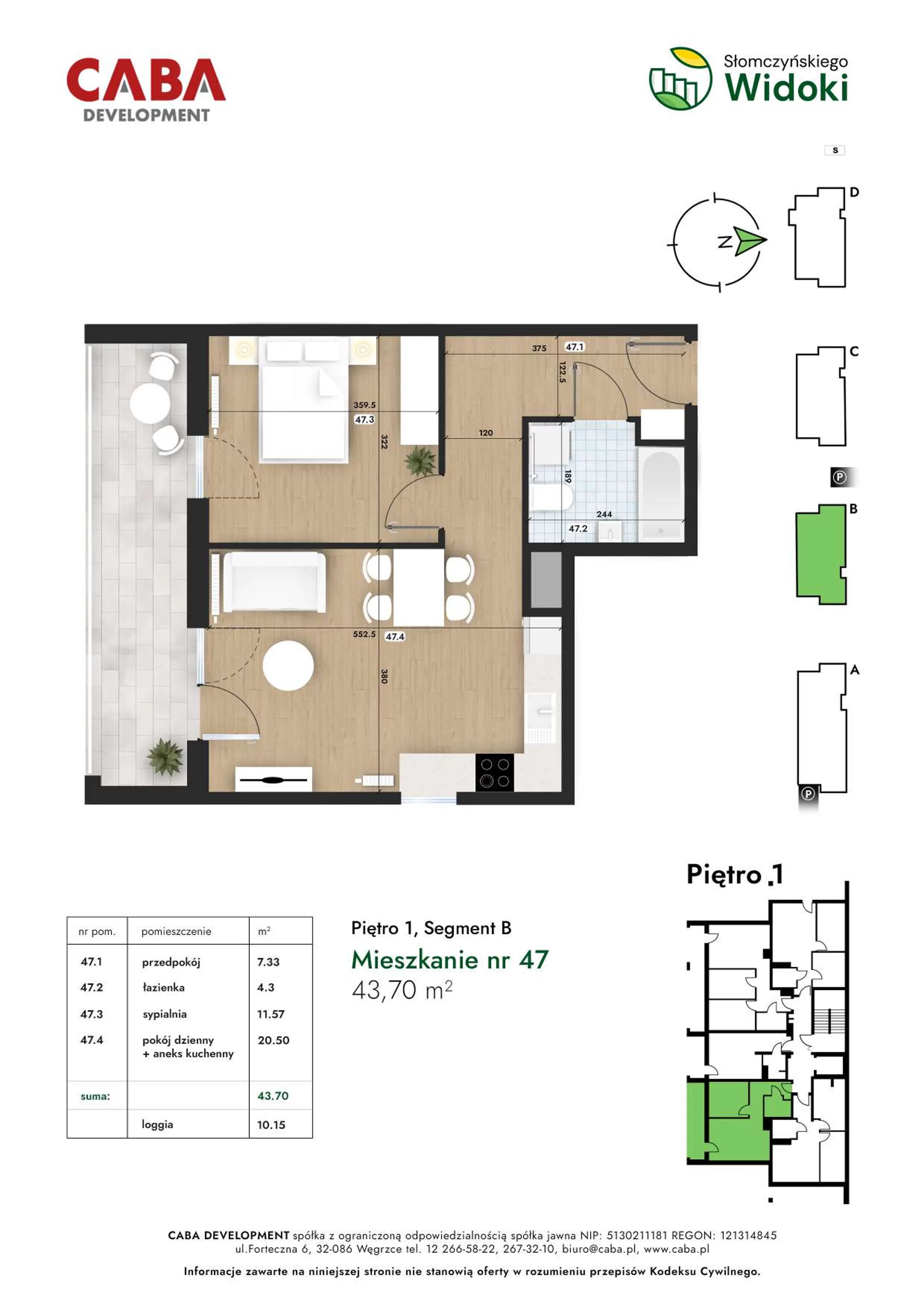 2 pokoje, mieszkanie 43,70 m², piętro 1, oferta nr 47, Słomczyńskiego Widoki, Kraków, Prądnik Biały, Górka Narodowa, ul. Macieja Słomczyńskiego 1