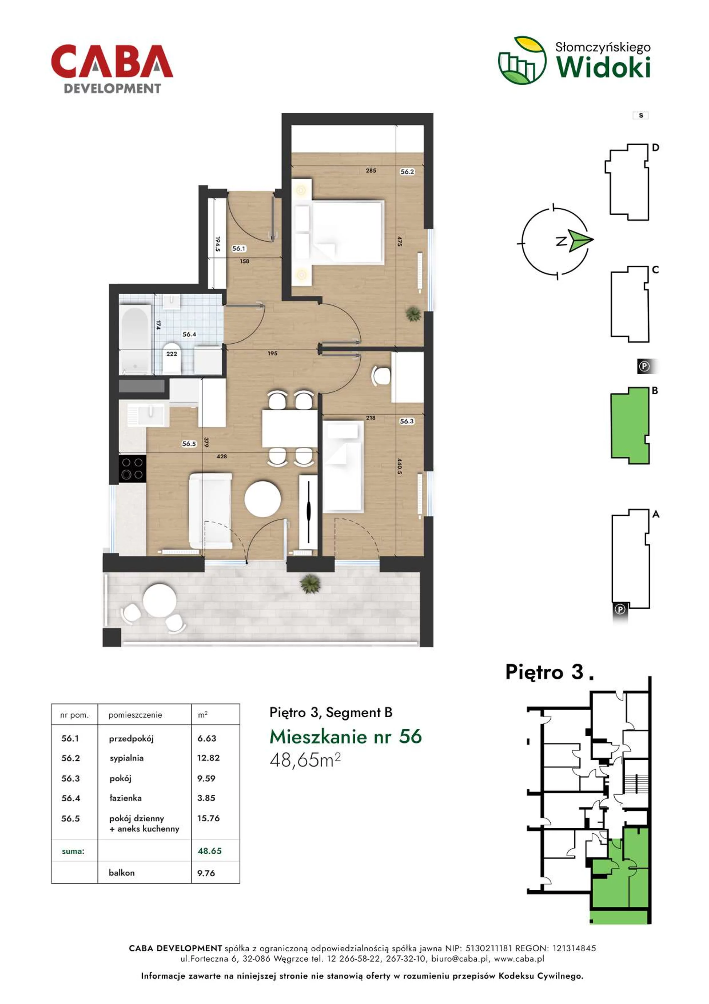 3 pokoje, mieszkanie 48,65 m², piętro 3, oferta nr 56, Słomczyńskiego Widoki, Kraków, Prądnik Biały, Górka Narodowa, ul. Macieja Słomczyńskiego 1