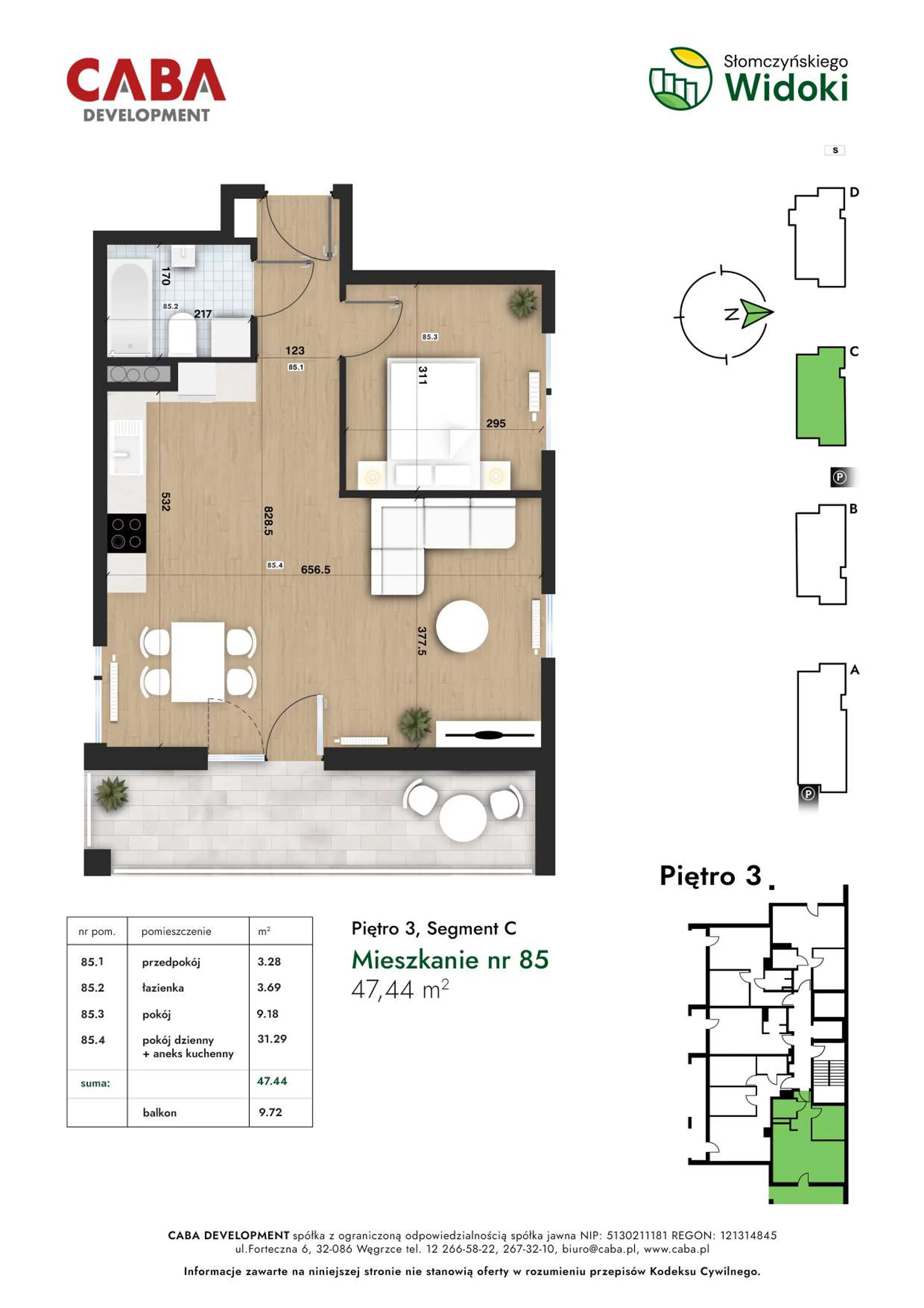 2 pokoje, mieszkanie 47,44 m², piętro 3, oferta nr 85, Słomczyńskiego Widoki, Kraków, Prądnik Biały, Górka Narodowa, ul. Macieja Słomczyńskiego 1