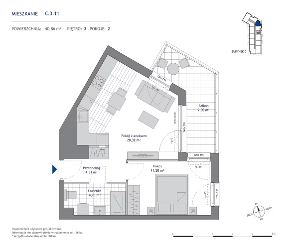 2 pokoje, mieszkanie 40,86 m², piętro 3, oferta nr 36.C.3.11, Nowa Dąbrowa, Gdynia, Dąbrowa, ul. Rdestowa